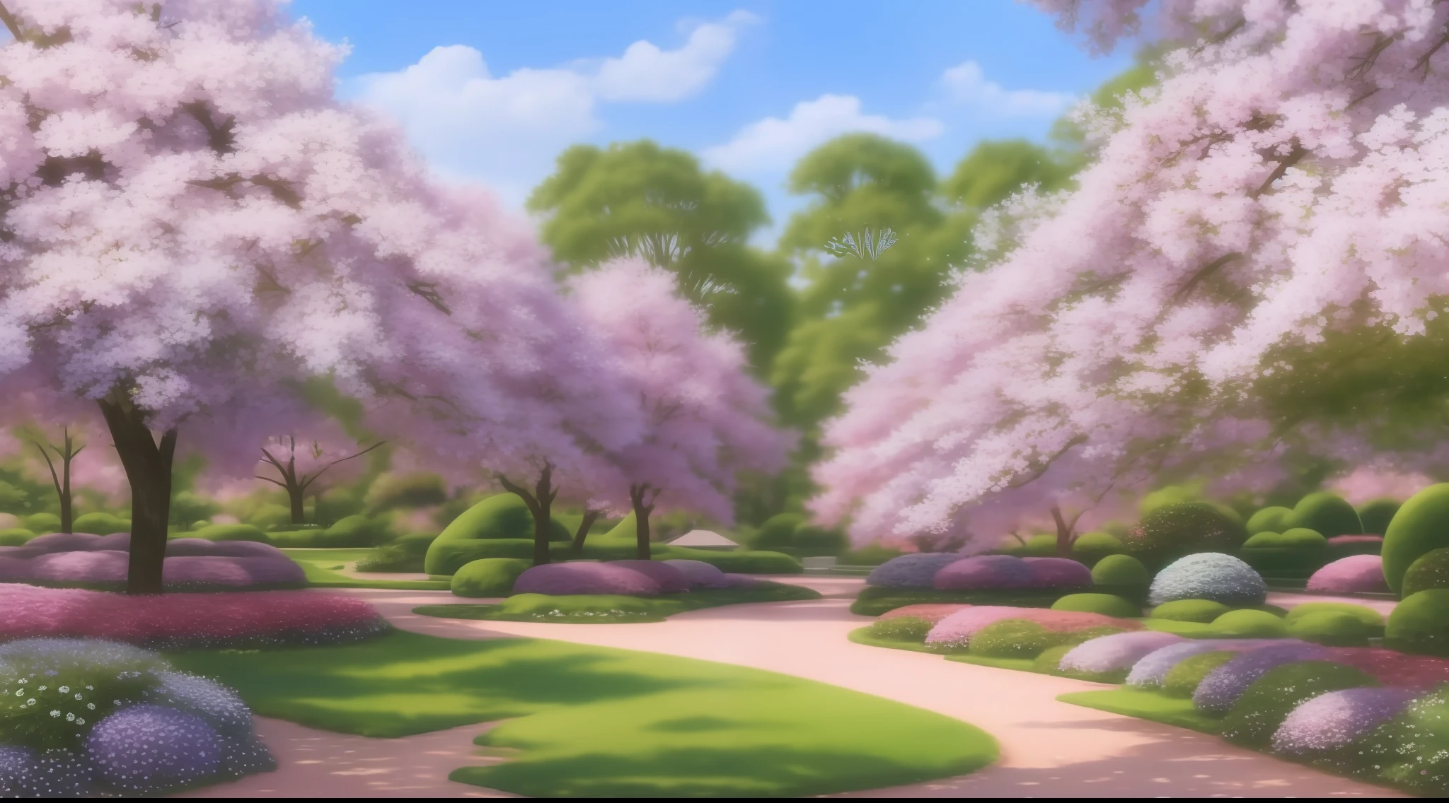 A high quality gift card with cherry trees and hydrangeas in a beautiful garden. | (pintura digital, obra-prima, incredible details), soft-lighting, cores vibrantes, ethereal landscape, borboletas, sunlight filtered through trees, feeling of serenity.