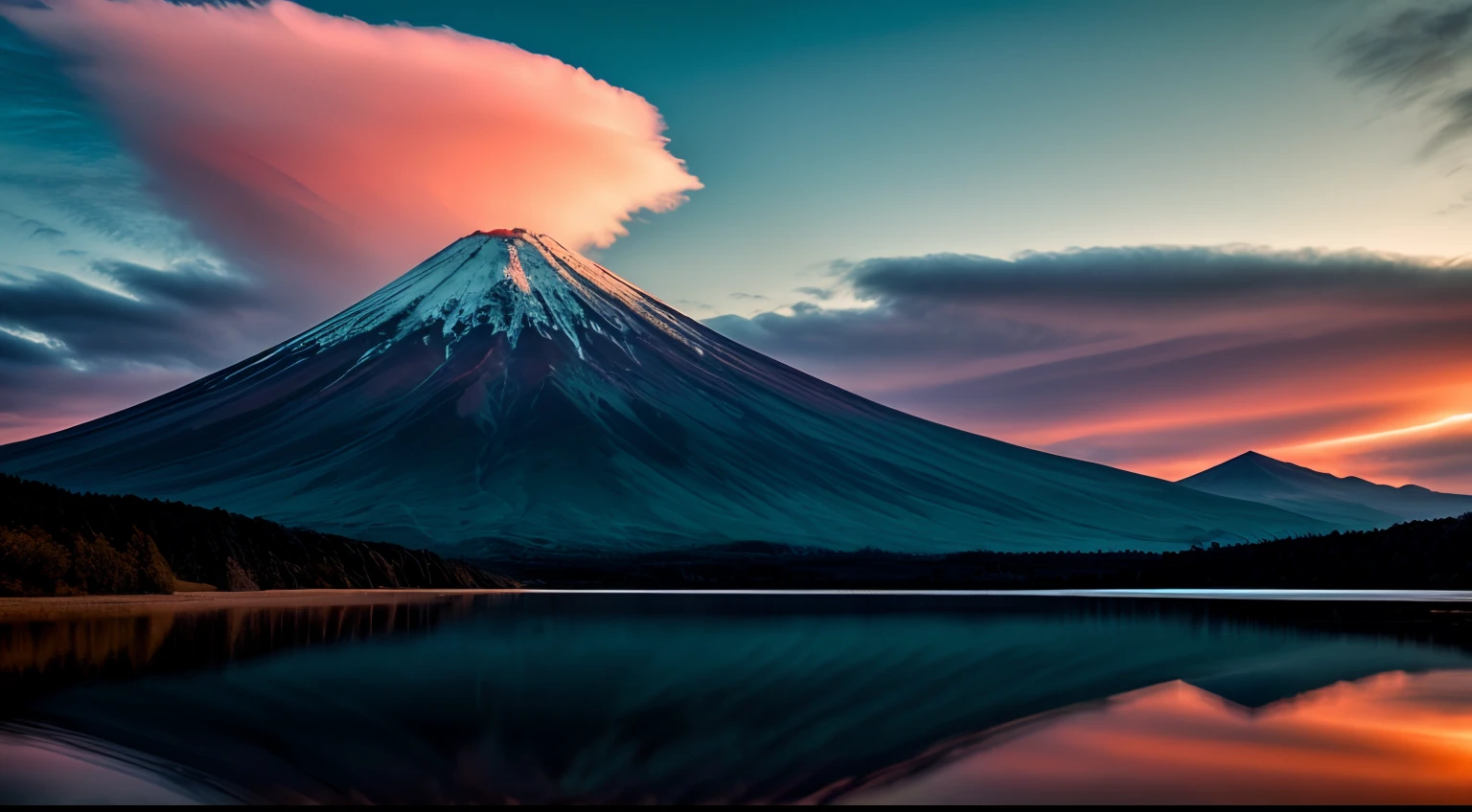 Teru Yamahara. Fuji, Exquisite and beautiful realistic photos, detail, Photorealistic, Ultra Realistic Photo, 8K UHD, Digital SLR, The sun is shining, High quality, filmgrain, Fujifilm XT3, (Masterpiece), Majestic mountains. koyama, reflection on the lake, Red Fuji, Red sky, flowing clouds, Shining, Reflection,