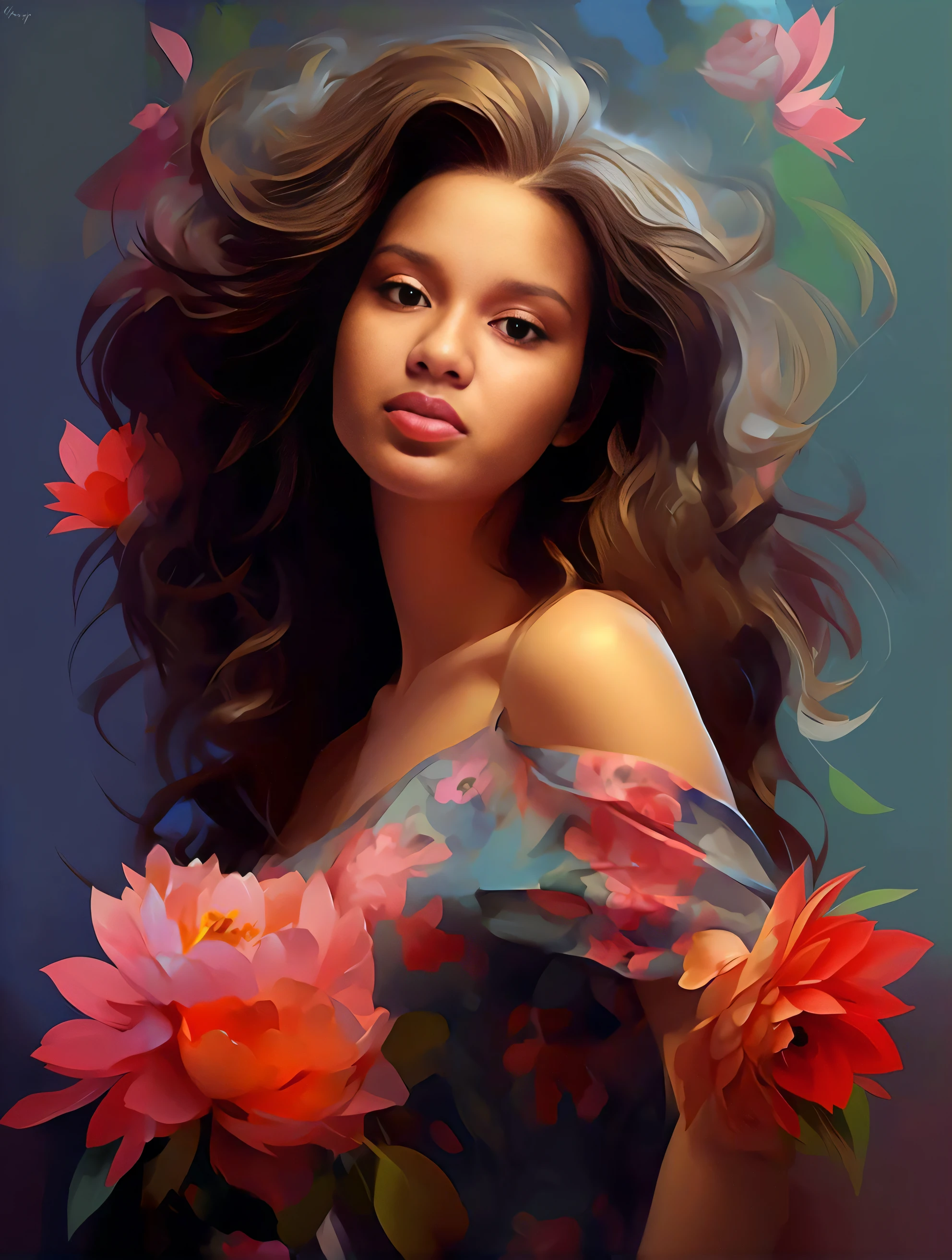 Pintura de uma mulher com flores no cabelo, lindo pintura digital, pintura digital brilhante, linda arte digital linda, digital art oil painting, bela arte digital, pintura digital bonita, pintura de arte digital, arte da pintura digital, lindo arte digital, pintura digital elegante, imagem de arte digital, in illustration style digital, airbrush digital oil painting, bela arte digital