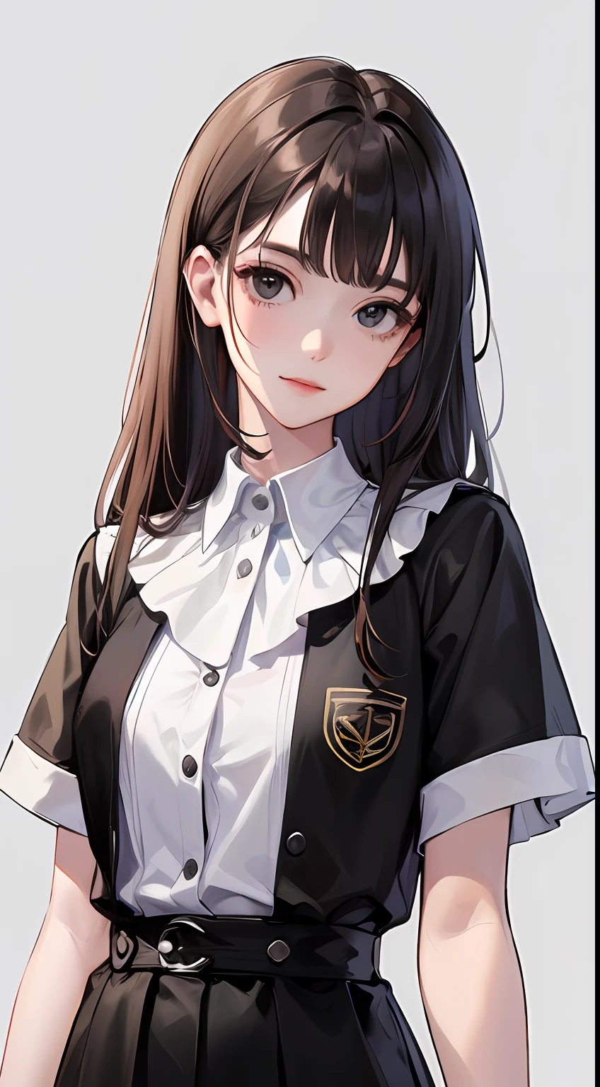 (Top resolution, Distinct_image) Best Quality, feminine masterpiece, high detailing, Semi-realistic, (most body), Long Black Hair, Bangs, 18 years old, 年轻, Black Fit, Five Fingers, stand-up collar shirt, Pointed face, (Black eyes, Hair between the eyebrows), long court 、(Pure white background), A slight smil、 (standing painting), (Delicate facial features, Delicate facial features)、Facing the front