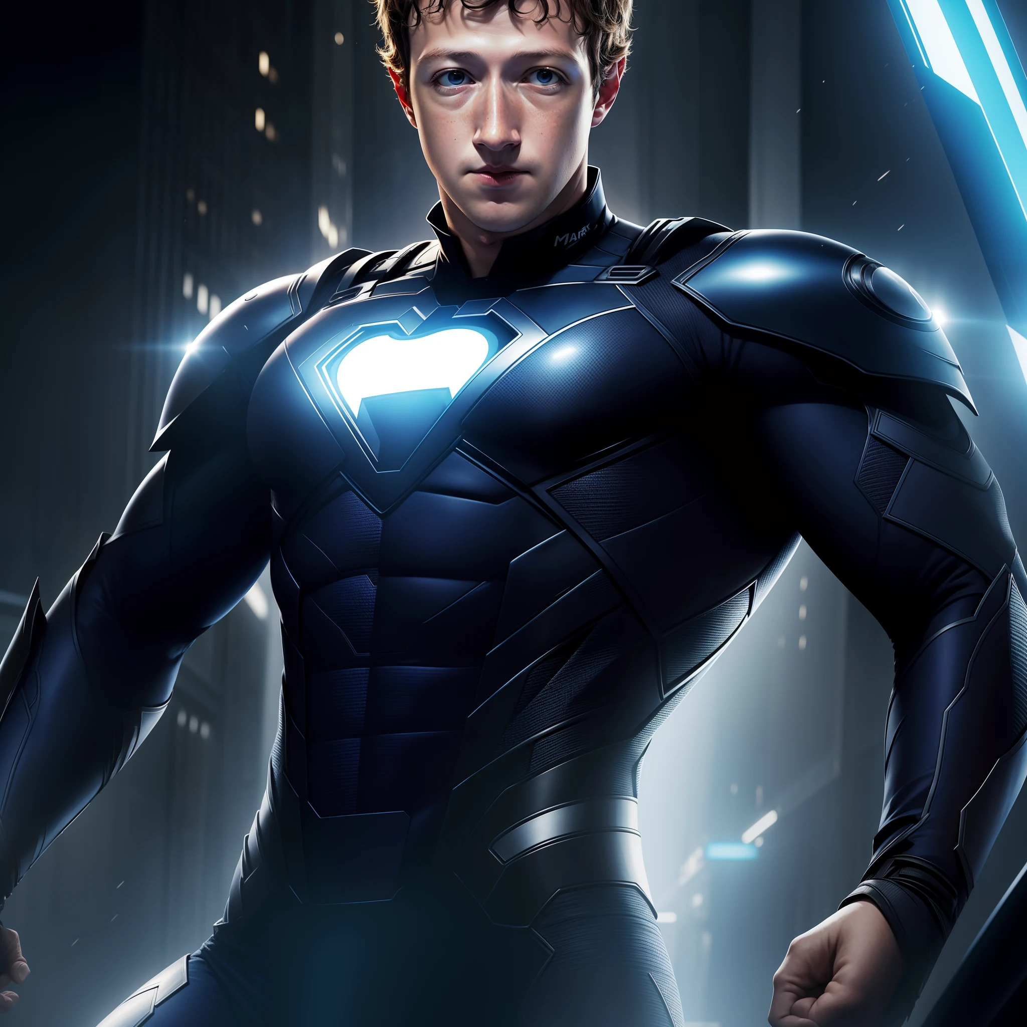 "Mark Zuckerberg portrayed as a charismatic and powerful superhero with a high-tech suit and extraordinary abilities."