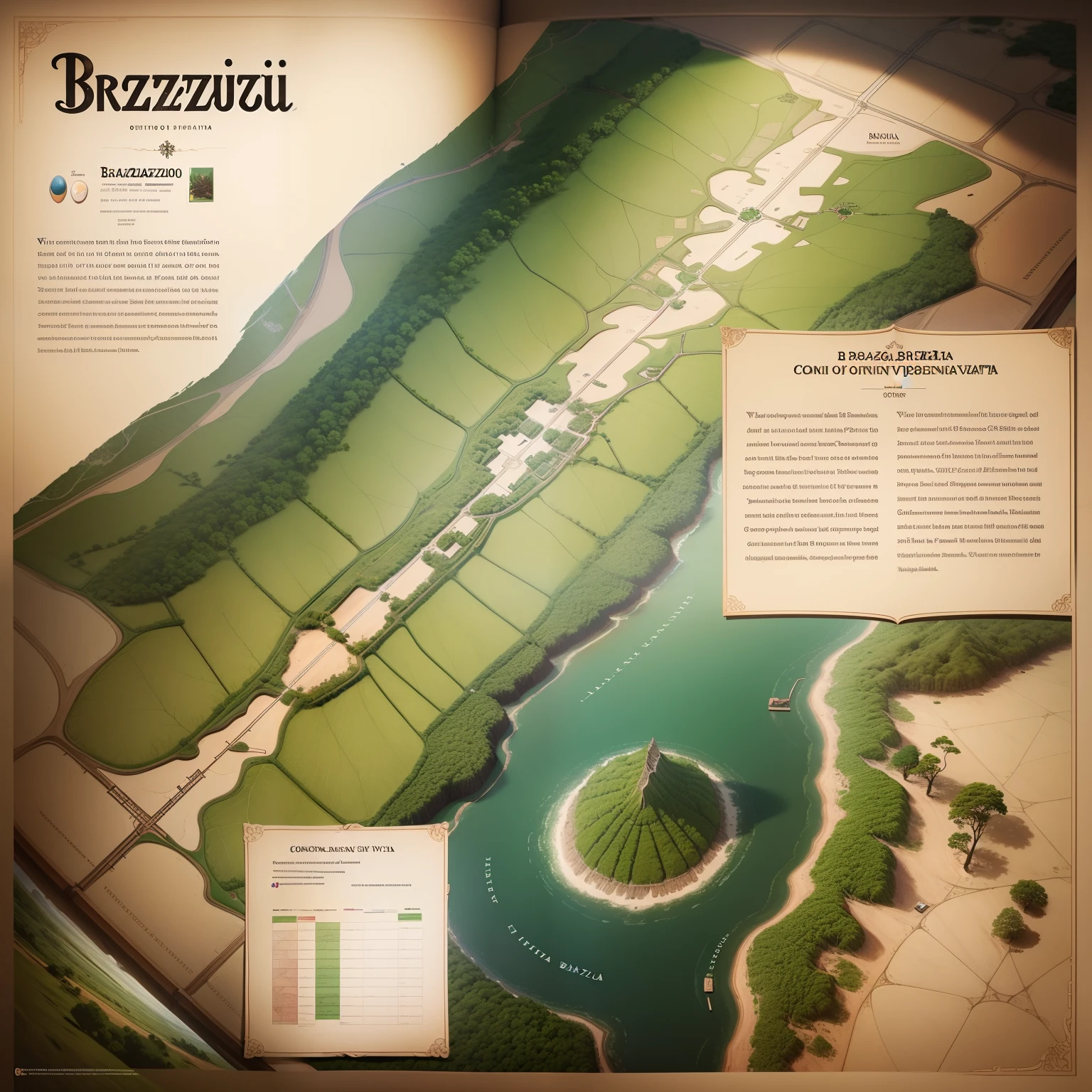 "Detailed map of the vegetation of Brazil, com cores vivas e vibrantes, Highlighted captions and eye-catching visuals."