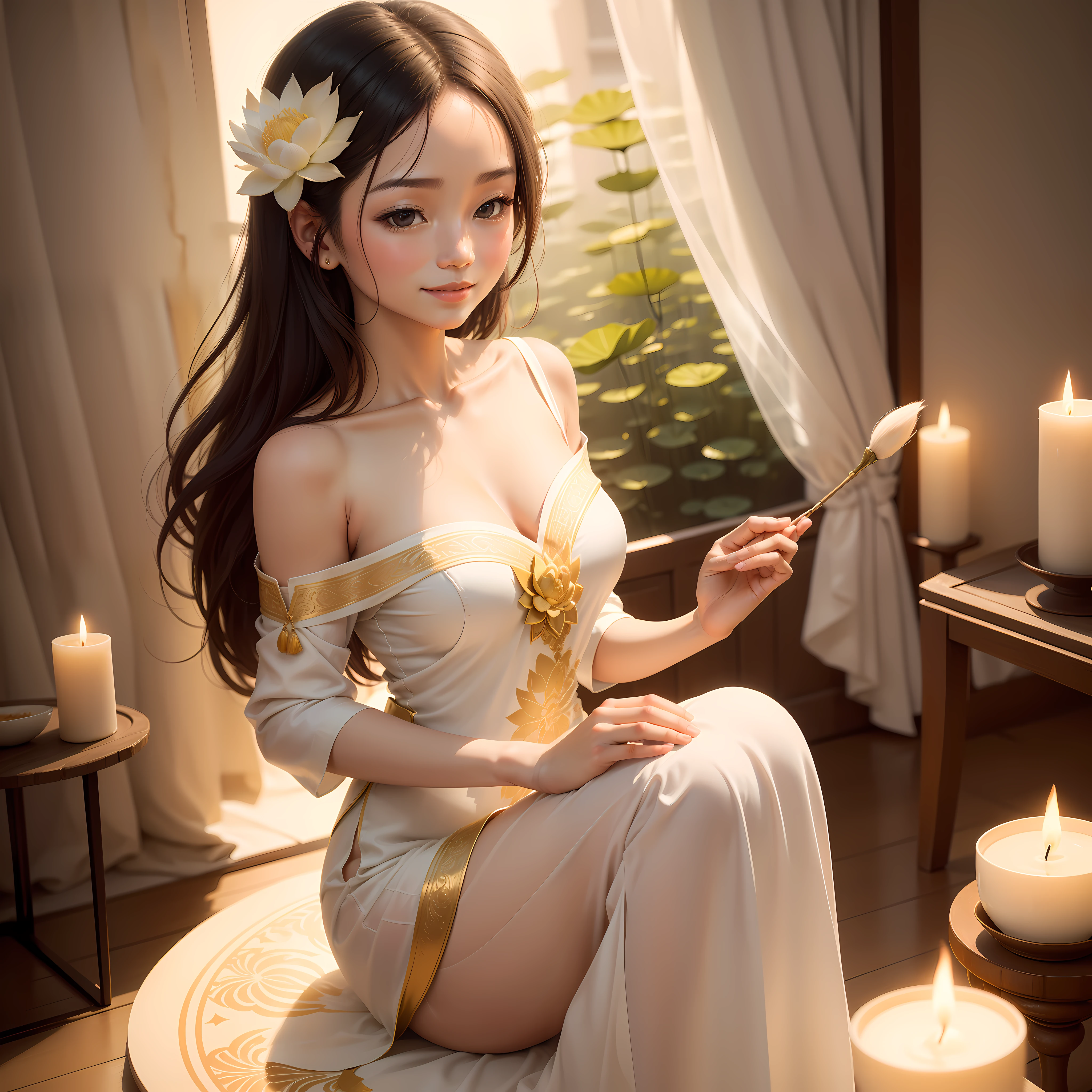 "Hello! I would like to request you to create an artistic painting of a Vietnamese girl in a gentle light. Her face radiates a soft and ethereal beauty, adorned with delicate features that evoke a sense of tranquility. With a gentle smile playing on her lips, she holds a lotus flower in her hand with a serene grace, symbolizing purity and enlightenment. She wears a form-fitting white áo dài, elegantly highlighting her figure while exuding an exquisite and delicate charm. The painting should capture not only the allure and artistry of this traditional attire but also the captivating essence of her face, the serene gesture of holding the lotus, and the warmth of her smile. Please convey this through a palette of soothing colors, flowing lines, and intricate details, surreal images. Thank you very much!"
