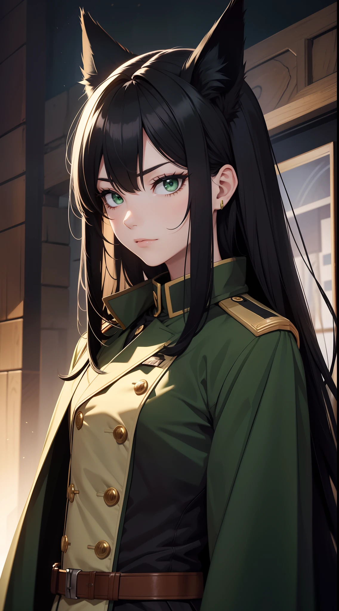 adult man, Long black hair, Fox ears, Green eyes, Black general's uniform, Masterpiece, hiquality