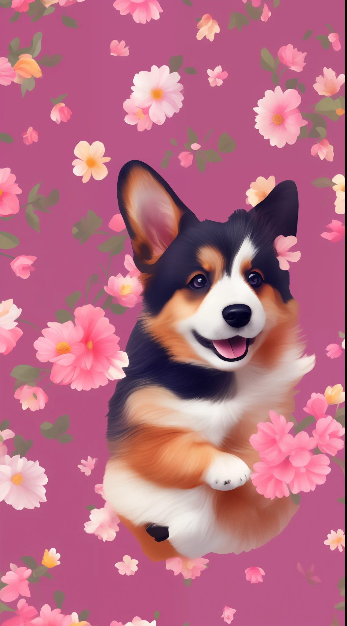 A cute puppy（Quantity 1），Corgi，Fashionable background，The puppy is in the middle of the picture，，Quantity 1，Pinkish background，Oil painting background，Illustration style，k hd，Extreme