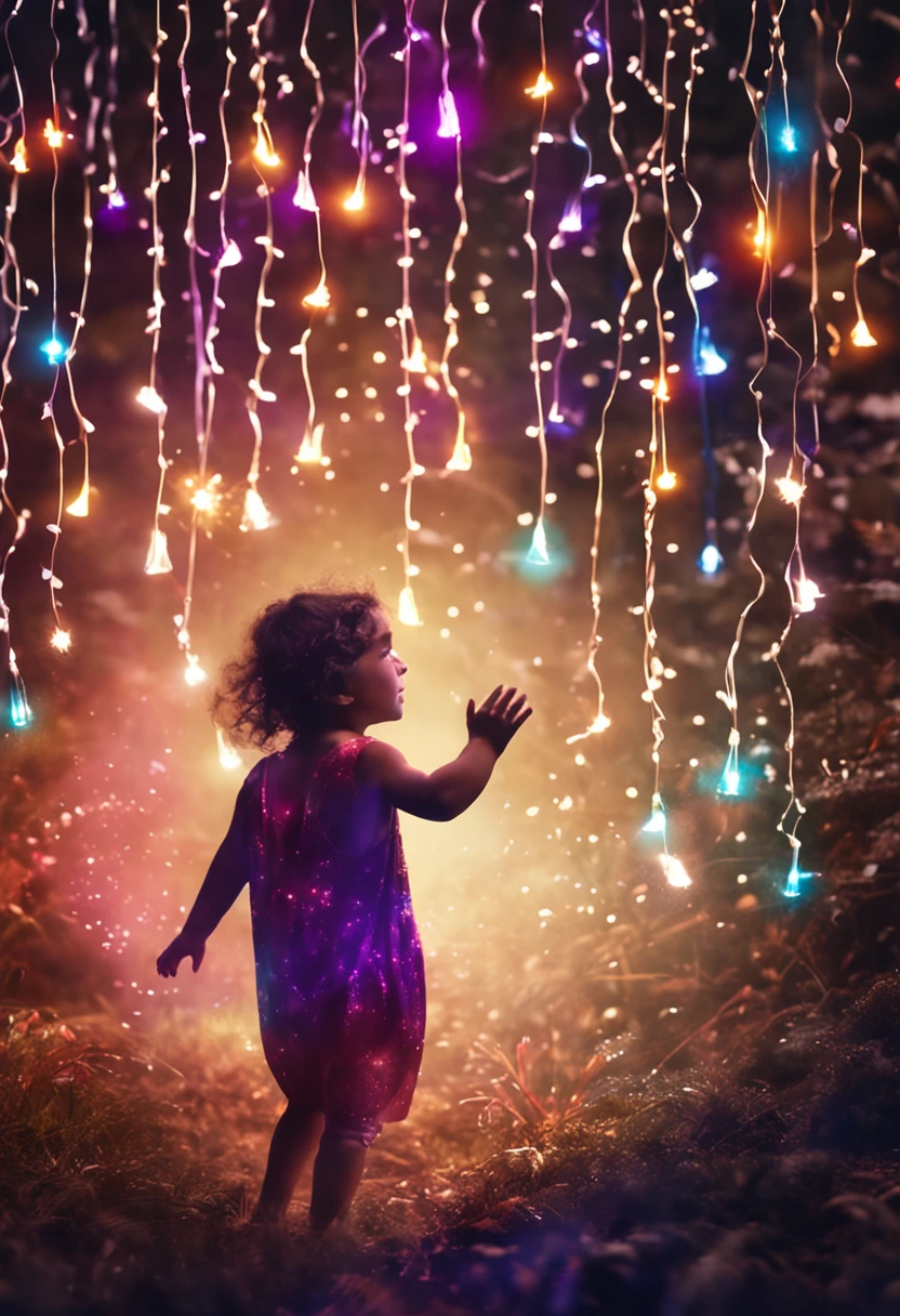 child playing with a transparent spirit, feliz, 8 anos, floresta escura com estrelas roxas e rosas, 8k