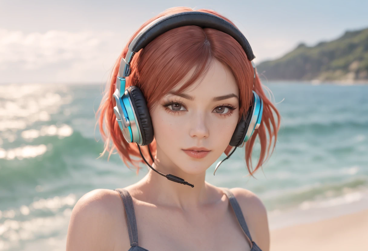 anime girl with headphones on on the beach by the ocean, anime styled digital art, digital anime art, digital anime illustration, portrait anime girl, anime style digital art, portrait of anime girl, beautiful anime portrait, detailed digital anime art, detailed portrait of anime girl, portrait of an anime girl, digital concept art illustration, anime digital art, nice boobs anime style 4 k