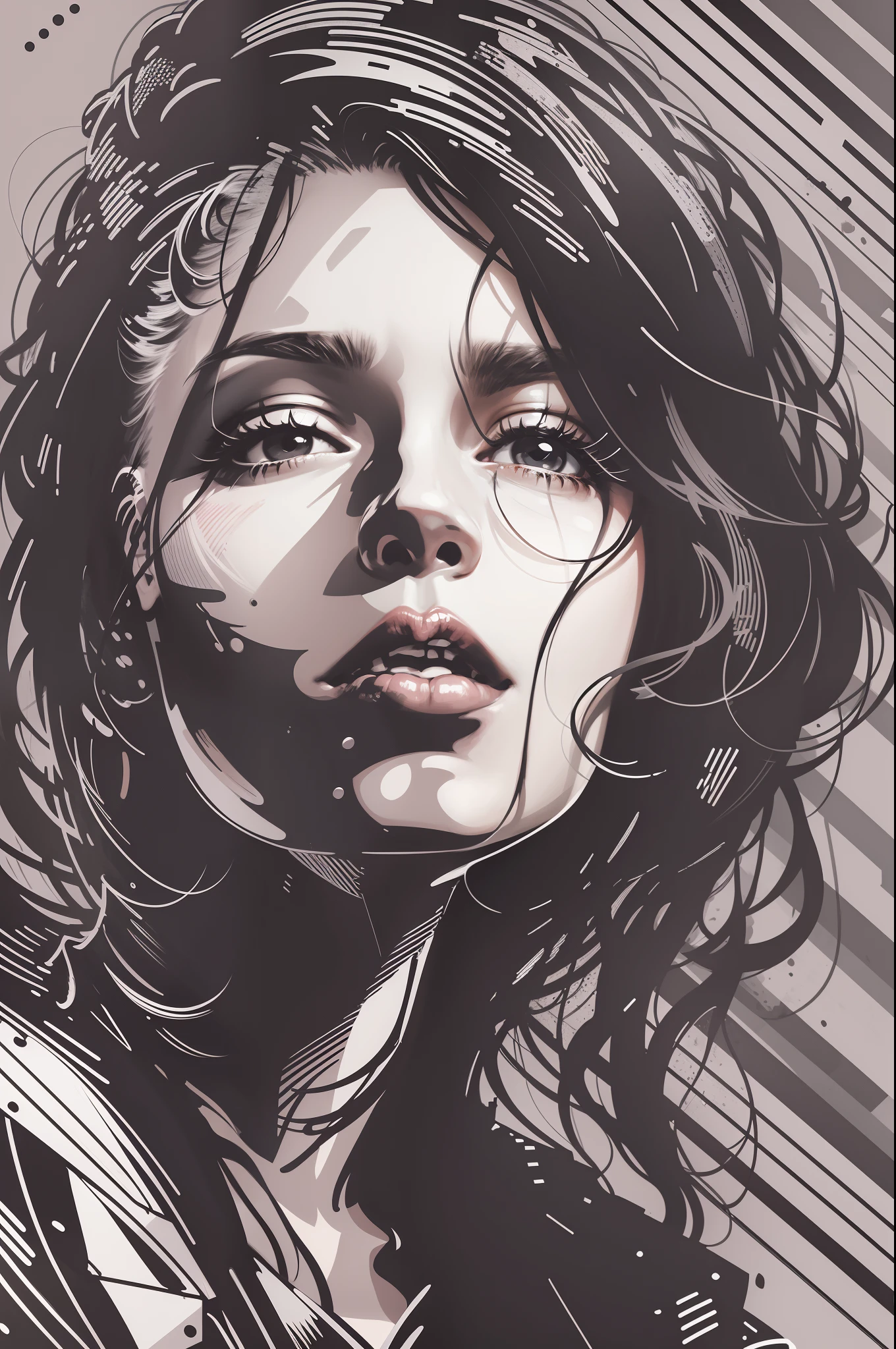 Young female rock singer,  Portait in Anton Corbijn style, Simple lines, Vector art, black-and-white, Passion, artistic