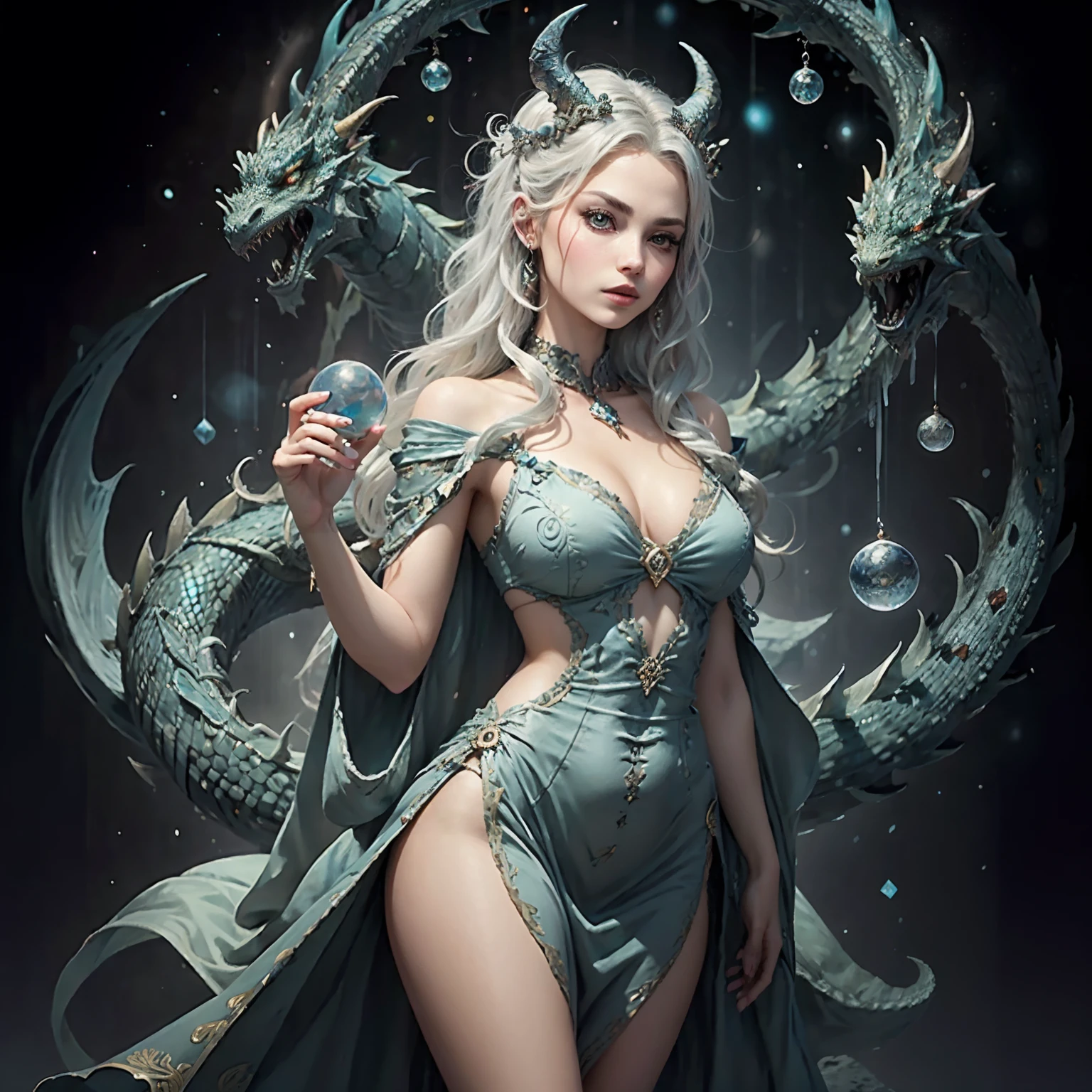 Drawing woman in blue dress with white hair holding crystal ball, Fantasy Art Style, Cast Ice Hockey, Dragon horns on the head、High quality fantasy art with blue dragon on back