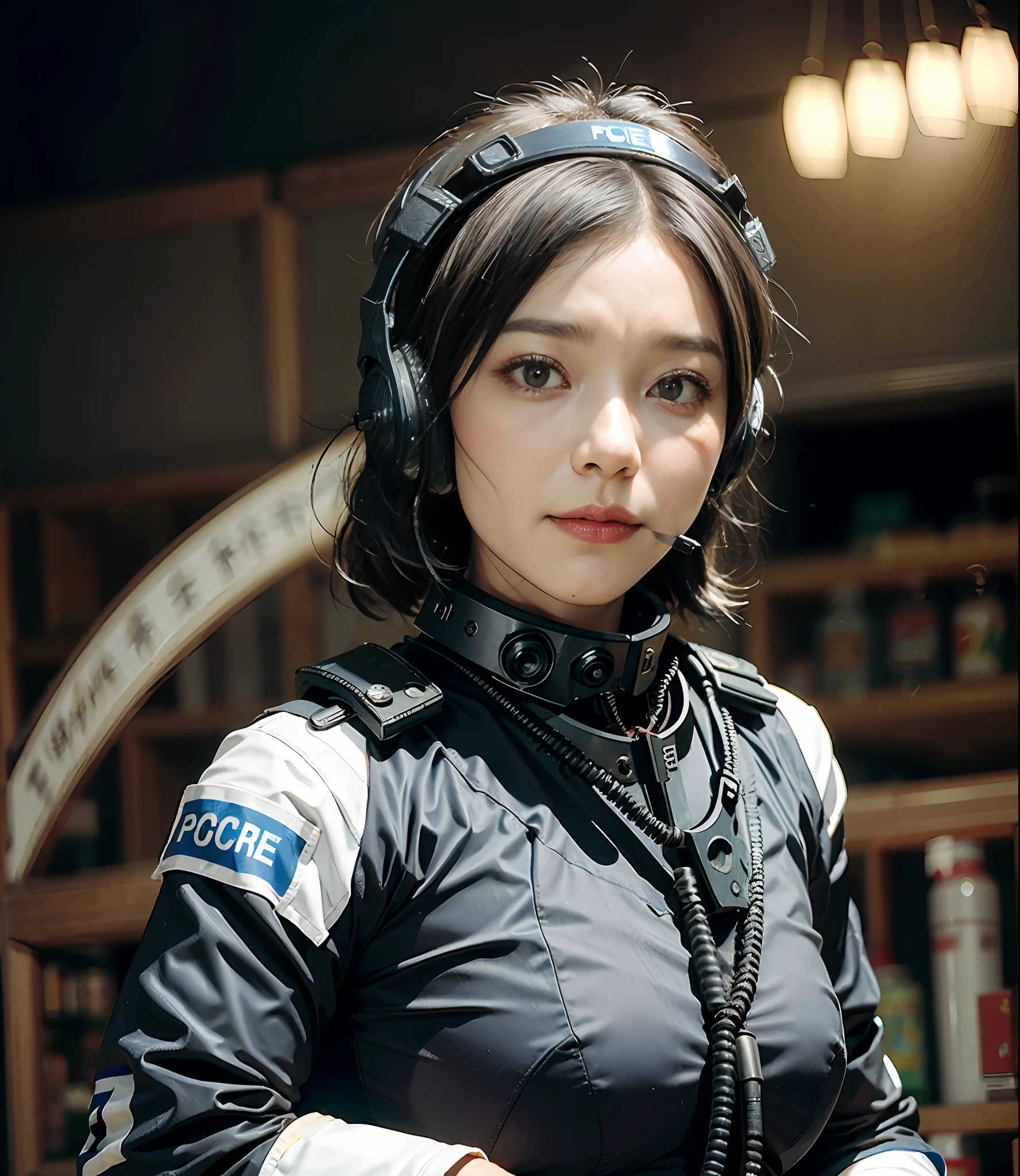 Highest image quality, outstanding details, ultra-high resolution, (realism: 1.4), ((face shot:1.5)), highly condensed 1girl, (perfect proportion, muscular:1.25, chubby:0.45), delicate and beautiful face, (wearing racing suit likes police uniform, black and gray mecha, wearing high-tech headset, military harness, holding a machinegun), peoples confusing, fires, smokes,