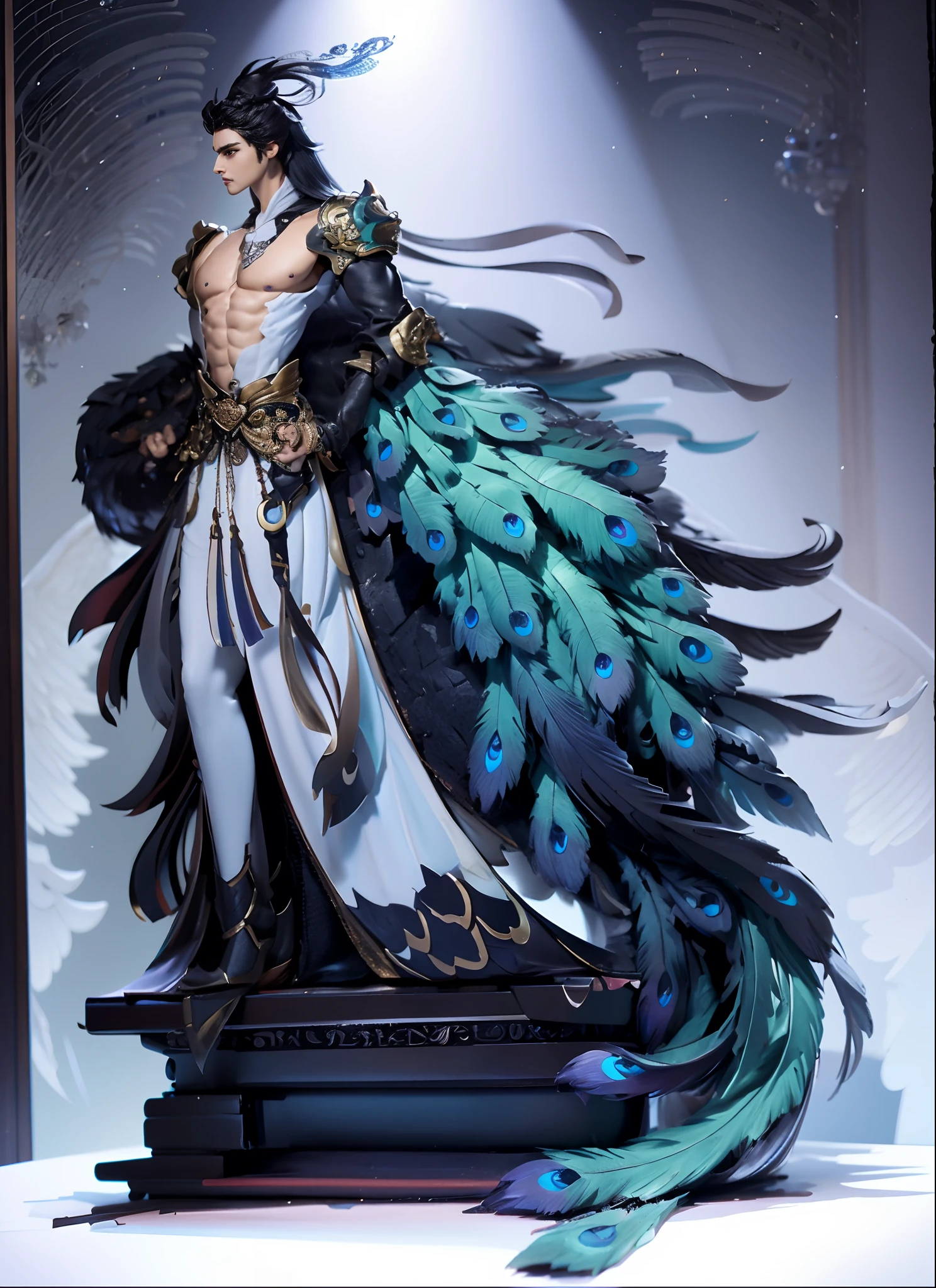 Sculpture design,Figures,GK model,The whole body of the character,(Exposes the pectoralis abdominal muscles)base,sexy for,Peacock feathers,Handsome,Expose muscles,base,Wu Yifan,musculous,Delicate and sophisticated