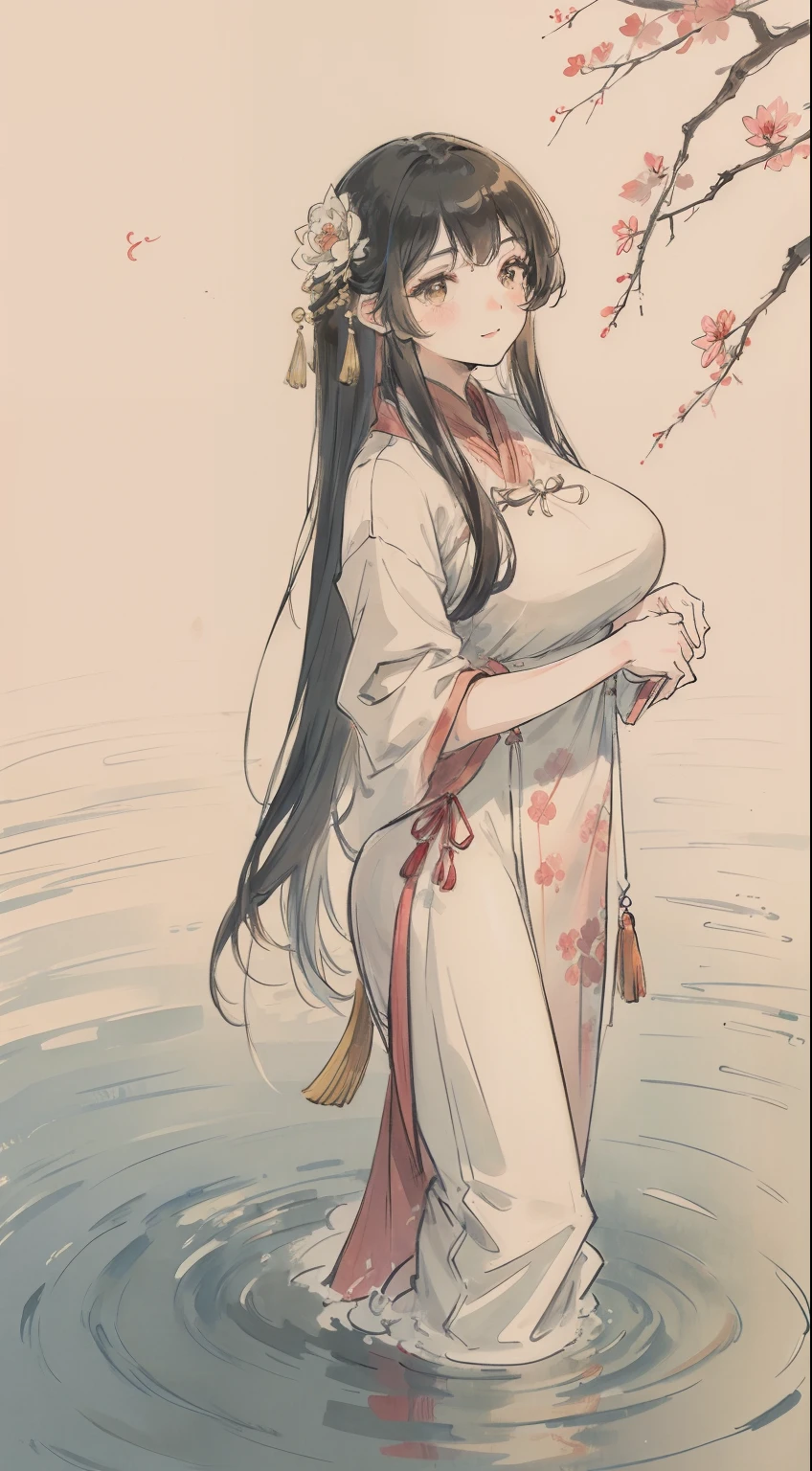 ((4K,Masterpiece,Best quality)),a big breast chinese girl，The facial structure is reasonable， shuimobysim, Traditional Chinese painting, lotuses, Hanfu, maxikit, Dress conservatively ， Solo, Long Light Hair, ssmile, standing on your feet, feet in water, The barefoot,Perfect face，big breasts beautiful，Standard human body