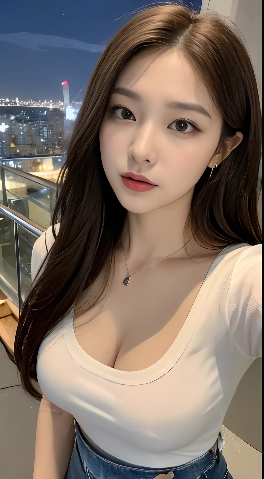 ((Midnight, Best quality, 8k, Masterpiece :1.3)), Whole body, Long legs, Sharp focus :1.2, A pretty woman with perfect figure :1.4, Slender abs :1.1, ((Dark brown hair,Large breasts :1.3)), (White tight tshirt, Jean bib, Standing:1.2), ((Night city view, Rooftop:1.3)), Highly detailed face and skin texture, Detailed eyes, Double eyelid