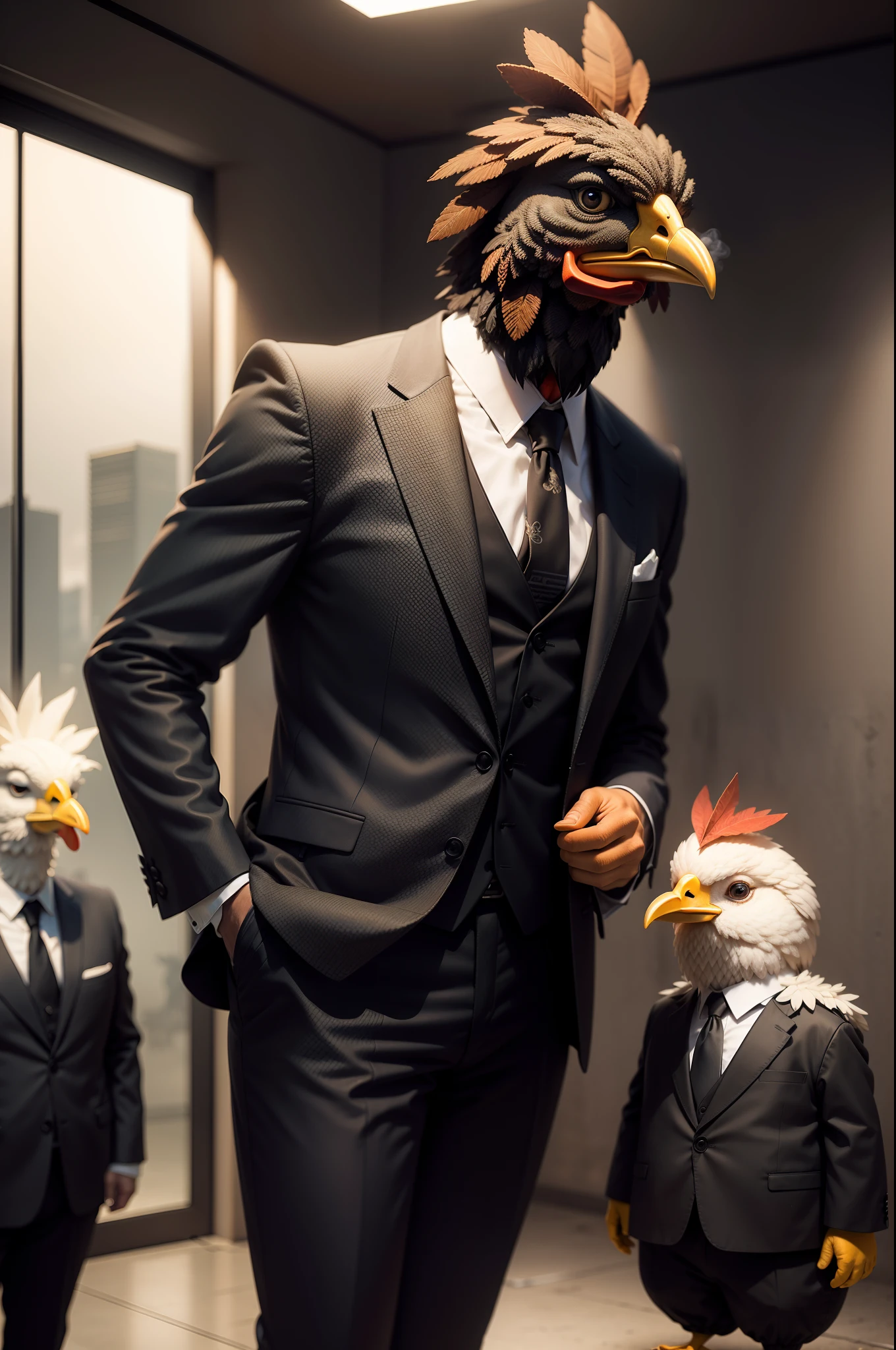 Anthropomorphic chickens, dressed in a suit, Smoking, lightroom, Cinematic, hdr, primitive, Intricate, High quality, soothing tones, Intricate details, Low contrast