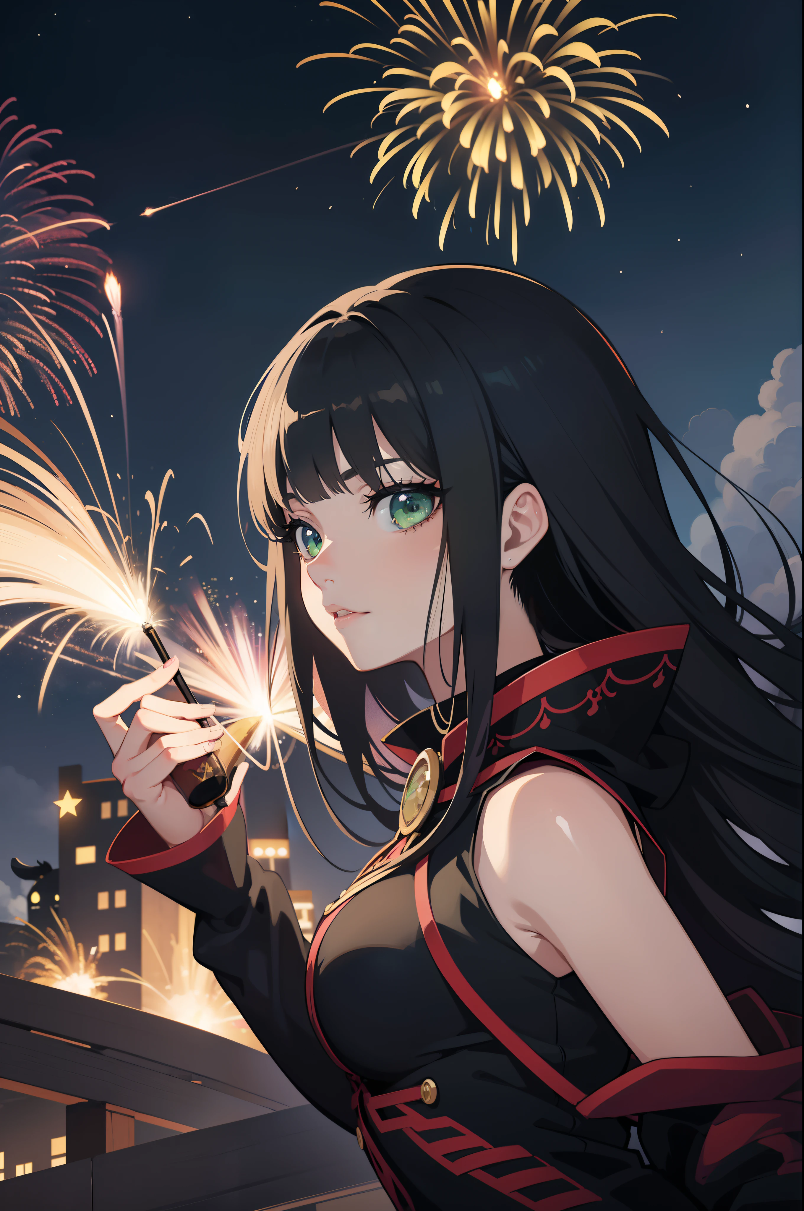 Witch with cat and fireworks in the background, black - haired mage, Seductive Anime Girl, Green eyes, flirty anime witch casting magic, ArtGerm. Anime Illustration, very detailed Artgerm, pretty sorceress, range murata and artgerm, beautiful alluring anime woman, beautiful sorceress, ArtGerm on ArtStation Pixiv