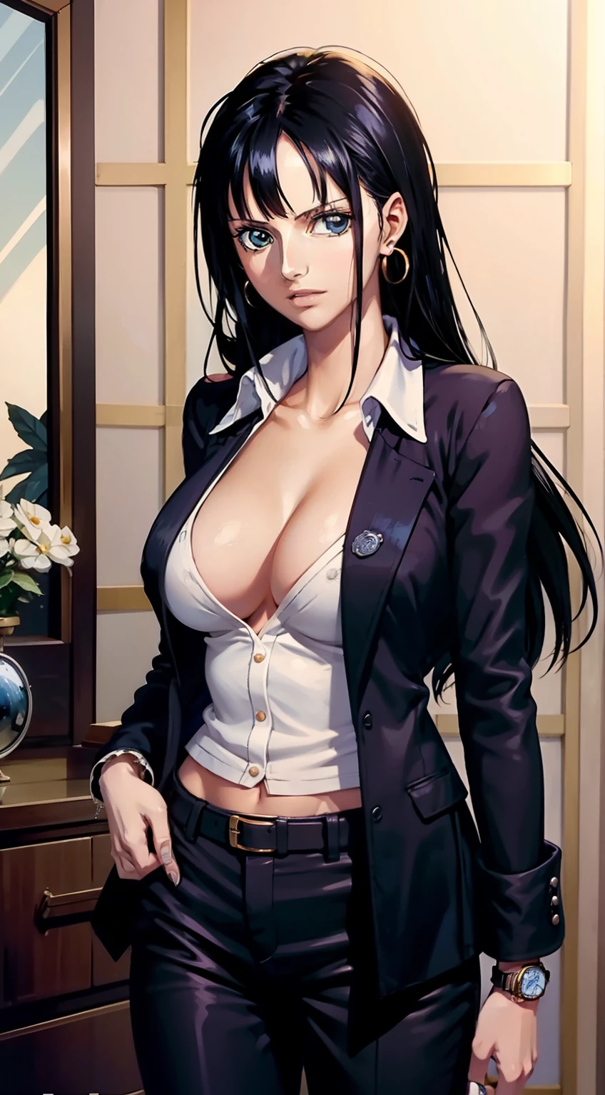 nico robin from anime one piece, robin, dark hair, long hair, beautiful woman, beautiful, very beautiful, perfect body, perfect boobs, standing, wearing formal shirt, blazer, trousers, wearing watch, wearing earrings, masterpiece, skin textured, super detailed, high detailed, high quality, best quality, 1080P, 16k, HD