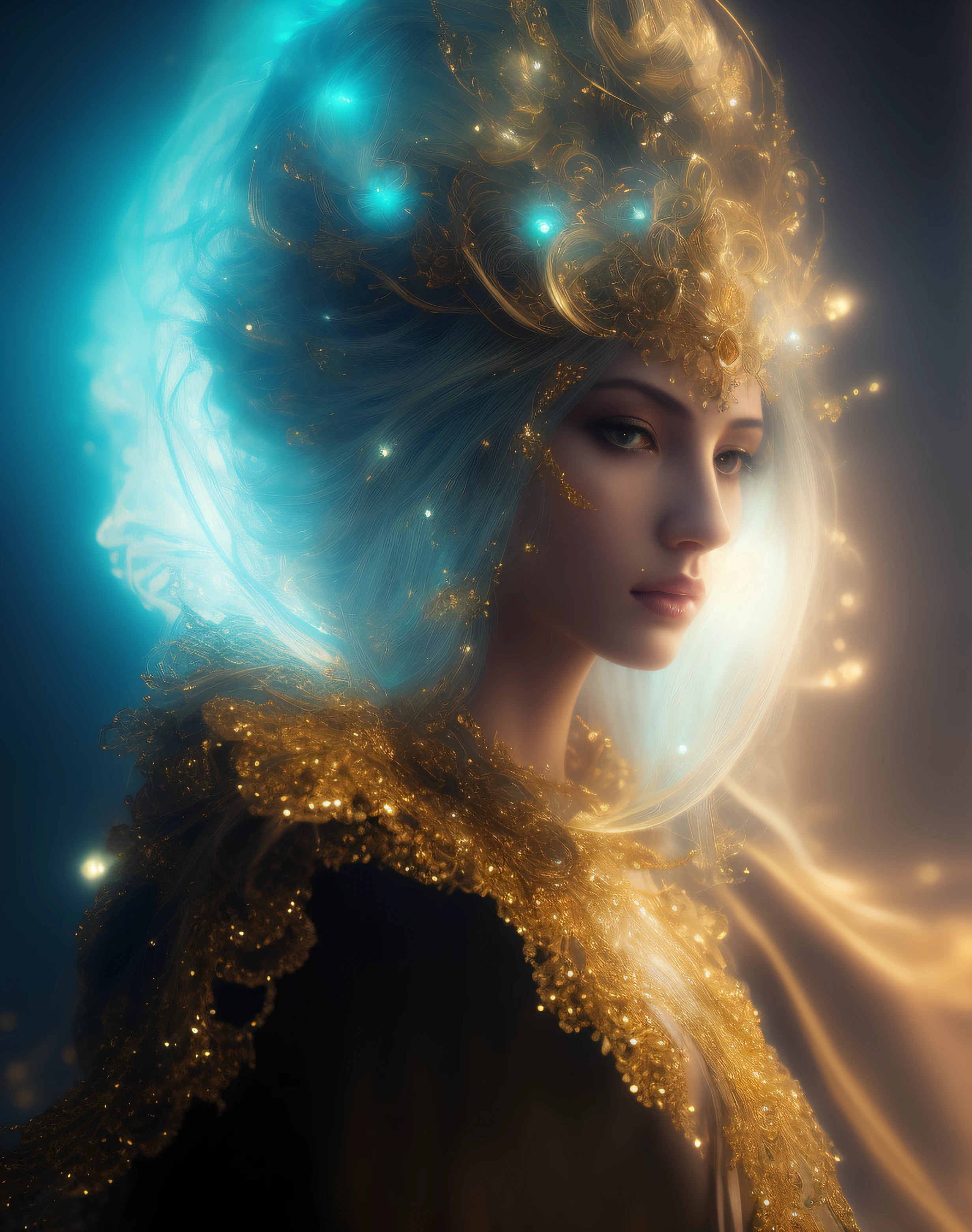 a close up of a woman wearing a gold and blue costume, portrait of queen of light, a stunning portrait of a goddess, unreal engine render + a goddess, a beautiful fantasy empress, cinematic goddess close shot, fantasy art behance, goddess. extremely high detail, extremely detailed goddess shot, karol bak uhd, dramatic lighting fantasy, hyperdetailed fantasy character
