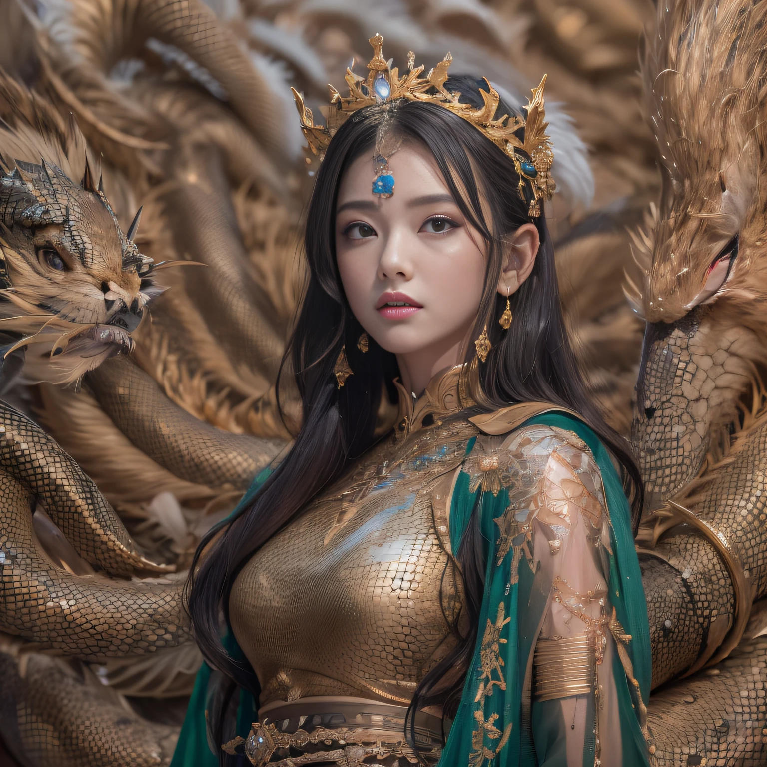 32k（tmasterpiece，k hd，hyper HD/short detailed hair，Jewelry area in the back room，King Girl ，Dragon Protector （realisticlying：1.4），Python pattern robe，Purple-pink tiara，Snowflakes fluttering，The background is pure，Hold your head high，Be proud，The nostrils look at people， A high resolution， the detail， RAW photogr， Sharp Re， Nikon D850 Film Stock Photo by Jefferies Lee 4 Kodak Portra 400 Camera F1.6 shots, Rich colors, ultra-realistic vivid textures, Dramatic lighting, Unreal Engine Art Station Trend, cinestir 800，Hold your head high，Be proud，The nostrils look at people