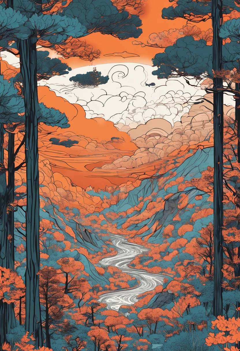 "Intricate details of Japanese forest painting,background of the galaxy, clouds, vivd colour, hight contrast, mont, vector line art, orange highlights, Popular in pixiv, anime concept art, Stick, carpets, high high quality, edge-to-edge, Sanskrit"