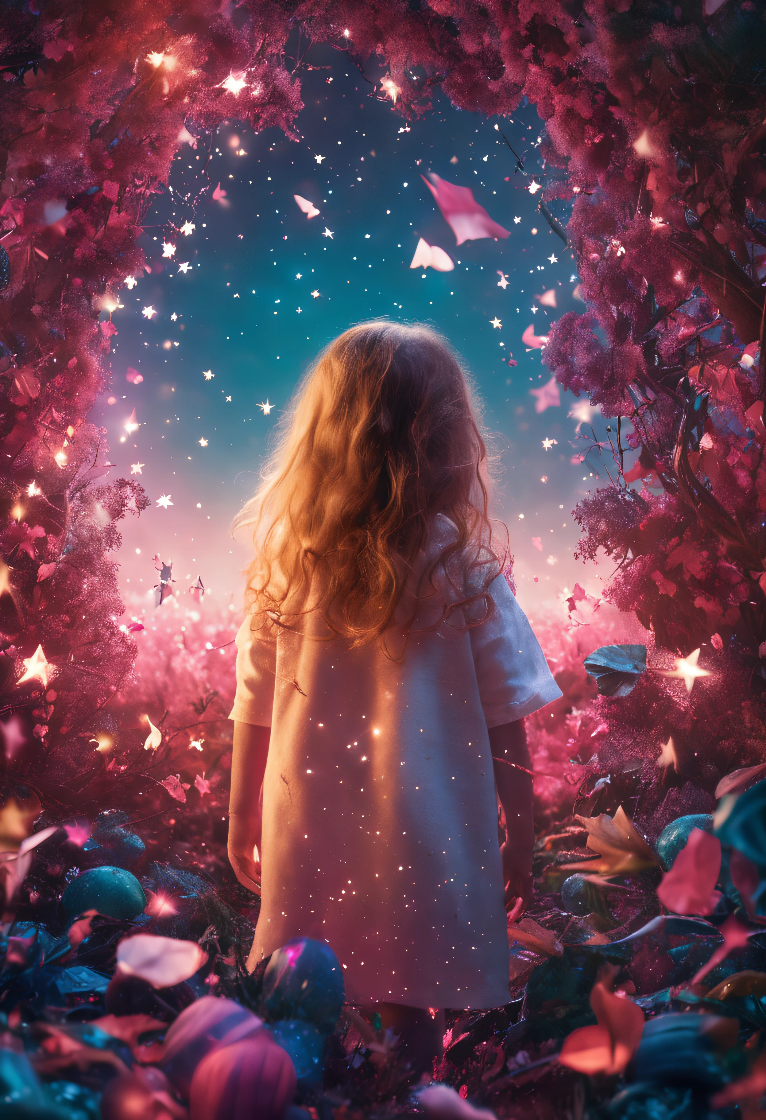 child playing with a transparent spirit, feliz, 8 anos, floresta escura com estrelas roxas e rosas, 8k