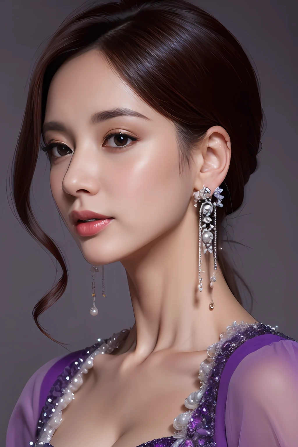 masutepiece, Best Quality, extremely detailed 8K, Ultra HD, Ultra-detailed, Highly detailed, ultra high realistic, Ultra-realistic, hyper realisitic, Hyper-Realism, Graceful woman with bust in purple dress, Pearl Hanging Earrings, in 8K, Best Quality