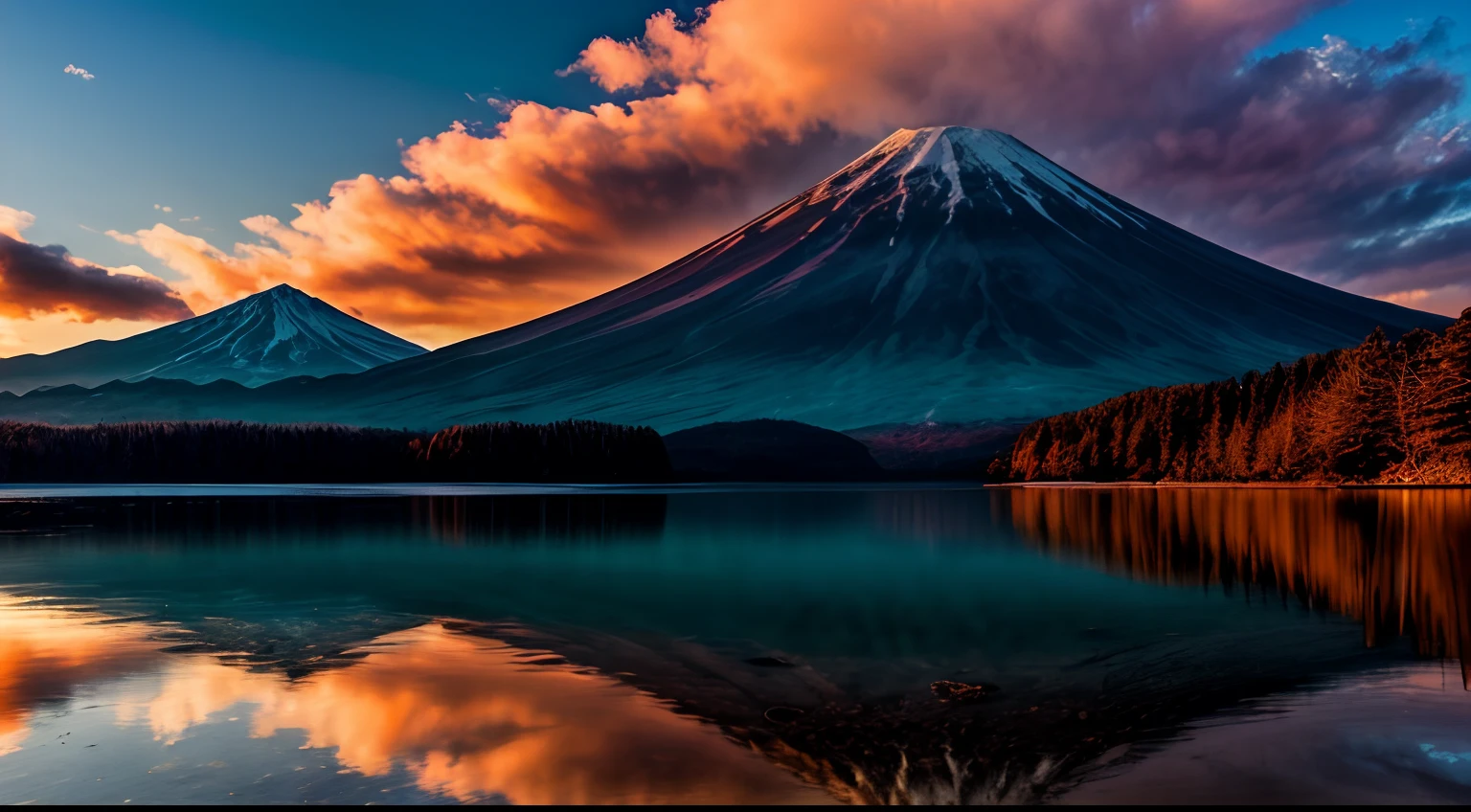 Teru Yamahara. Fuji, Exquisite and beautiful realistic photos, detail, Photorealistic, Ultra Realistic Photo, 8K UHD, Digital SLR, The sun is shining, High quality, filmgrain, Fujifilm XT3, (Masterpiece), Majestic mountains. koyama, reflection on the lake, Red Fuji, Red sky, flowing clouds, Shining, Reflection,