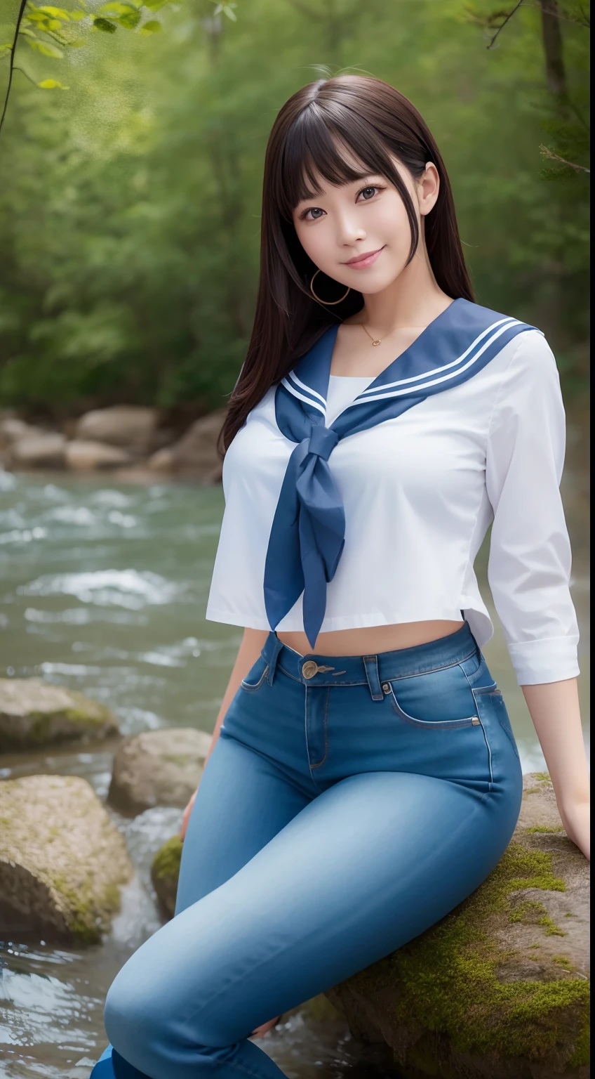 a pregirl，Thirty year old, ssmile, looking at viewert,Soaked sailor's uniform,skintight jeans, photore, realisticlying, Best quality at best, employee, 详细的脸, Sitting on a large rock in the middle of the forest, There is a river