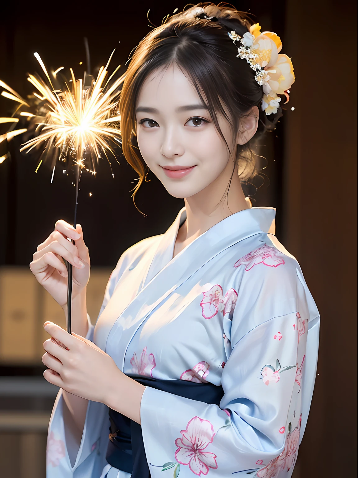 ((top-quality、16、masterpiece:1.3))、Delicate skin、huge smile、1 slender beauty:1.3、(sparklers)、(Ultra Detailed Face and Skin Texture、A detailed eye、二重まぶた、Detailed eyes)、(floral Yukata:1.3)、(、Crisp focus:1.1、35mm lens、