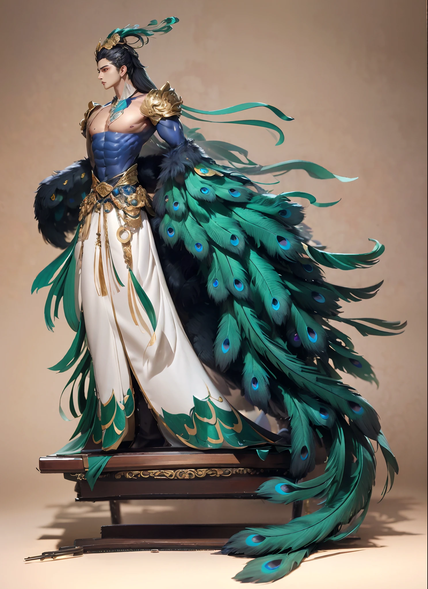 Sculpture design,Figures,GK model,The whole body of the character,base,sexy for,Peacock feathers,Handsome,(Exposing the pectoral muscles)Expose muscles,base,Wu Yifan,musculous,Delicate and sophisticated