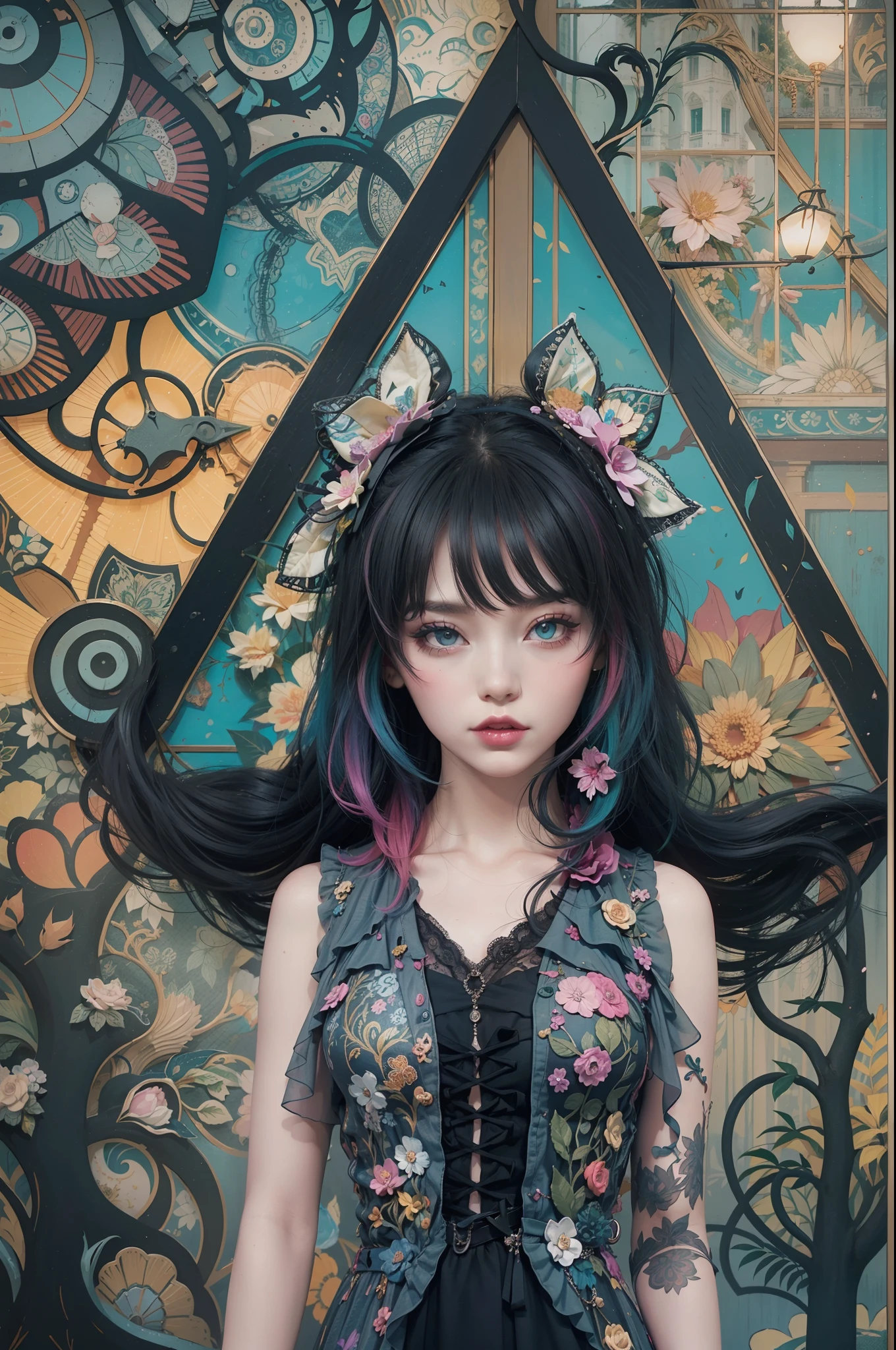 En un hermoso parque una mujer de aspecto moderno. It has a very colorful and striking kawaii gothic style.., con un maquillaje elegante y una peluca colorida.