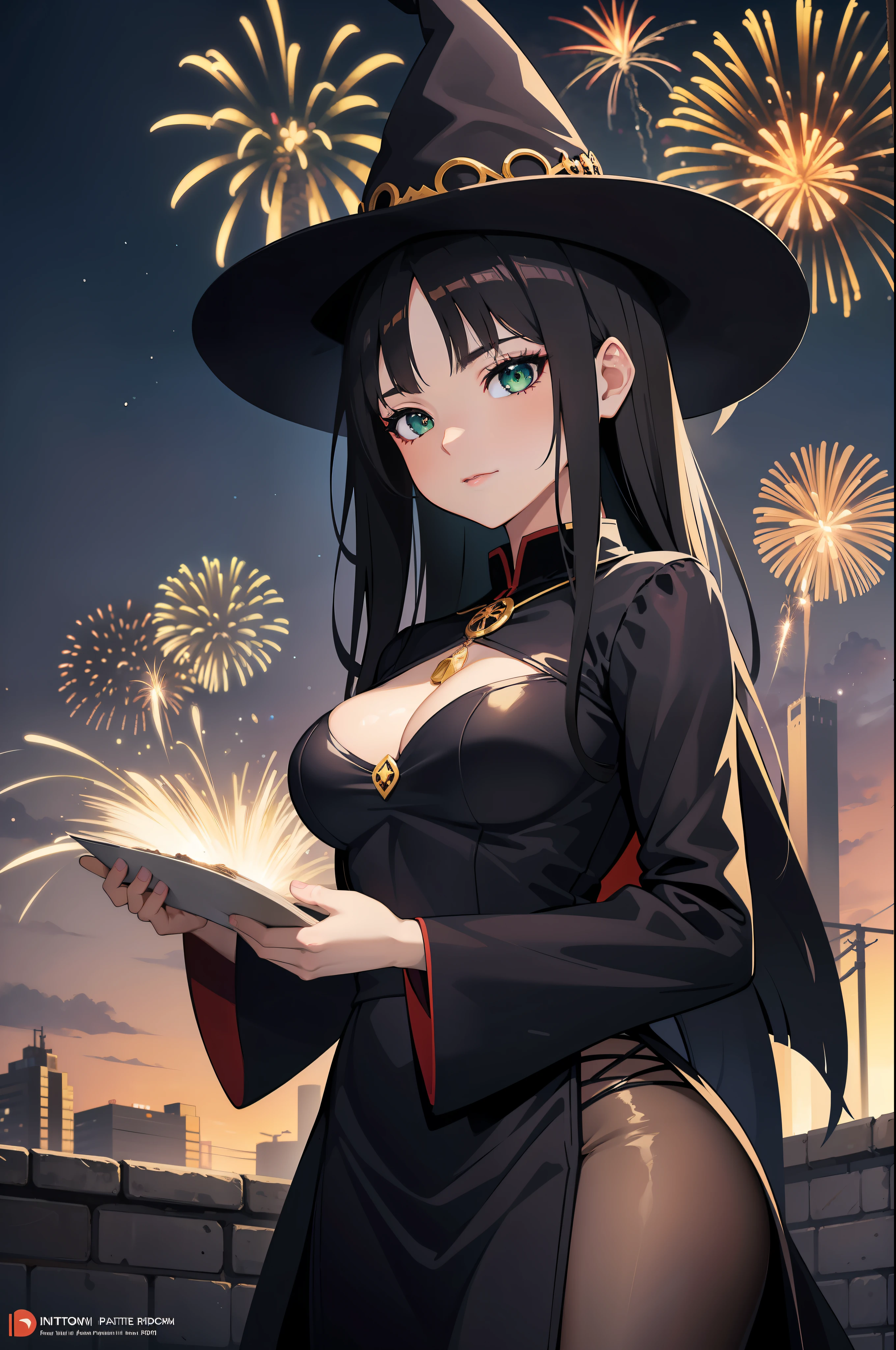 Witch with cat and fireworks in the background, black - haired mage, Seductive Anime Girl, Green eyes, flirty anime witch casting magic, ArtGerm. Anime Illustration, very detailed Artgerm, pretty sorceress, range murata and artgerm, beautiful alluring anime woman, beautiful sorceress, ArtGerm on ArtStation Pixiv
