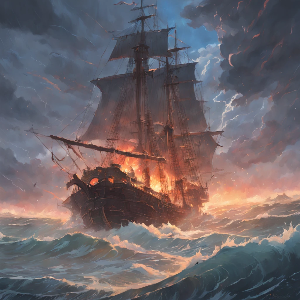 A pirate ship in a stormy storm with dark clouds, Great waves flooded the road, Detailed oil painting, The flame burns, unreal 5 render, RHADS, Sargent and Ryan Decker, Savlasov Levitan Polenov, by bruce pennington, by Ghibli Studio, tim hildebrandt, Digital art, Landscape painting, rendering by octane, Beautiful composition, trending on artstationh, an award winning photograph, Masterpiece, Seek style, (DreamlikeArt:1.2). MDJRNY-V4 style
