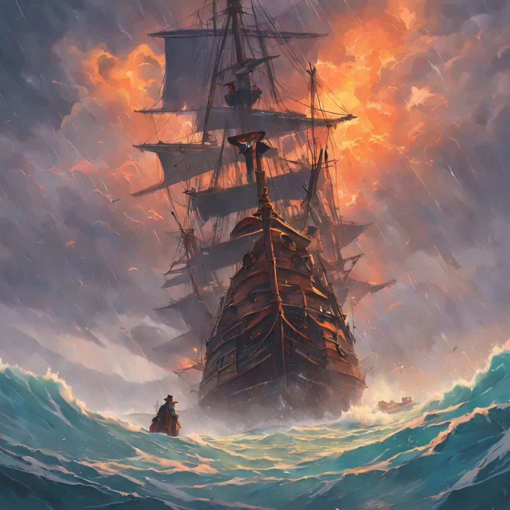 A pirate ship in a stormy storm with dark clouds, Great waves flooded the road, Detailed oil painting, The flame burns, unreal 5 render, RHADS, Sargent and Ryan Decker, Savlasov Levitan Polenov, by bruce pennington, by Ghibli Studio, tim hildebrandt, Digital art, Landscape painting, rendering by octane, Beautiful composition, trending on artstationh, an award winning photograph, Masterpiece, Seek style, (DreamlikeArt:1.2). MDJRNY-V4 style