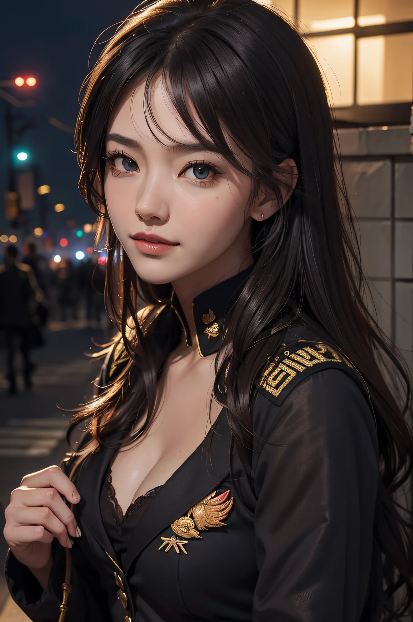 (Hyper-realistic) , (illustratio), (Increase the resolution),(8K), (Most Best Illustration),(extremely detaile), (美丽细致的眼睛),(The face is super detailed), (详细的脸), 独奏,1个Giant Breast Girl, looking at viewert, in the darkness nigth, deep shading, ssmile,cabelos preto e longos,(((U.S. Marine Corps uniforms:1.8)))