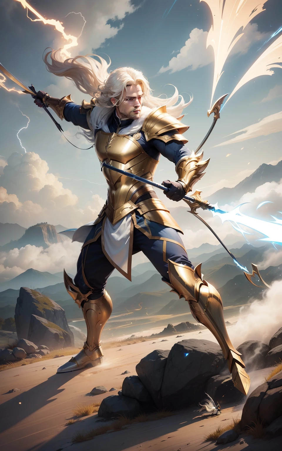 Man with bow Fantasy Action Armor Golden Hair Full Body White Blue Rays Action Background Add Golden Armor Improve Add Hair Archer White Beast Lightning Effects