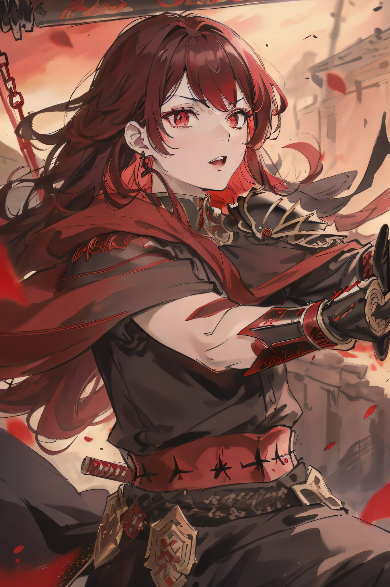 Woman in Armor、A dark-haired、Only some red hair、Red right eye、Black left eye、Swinging a sword、Shooting from a distance