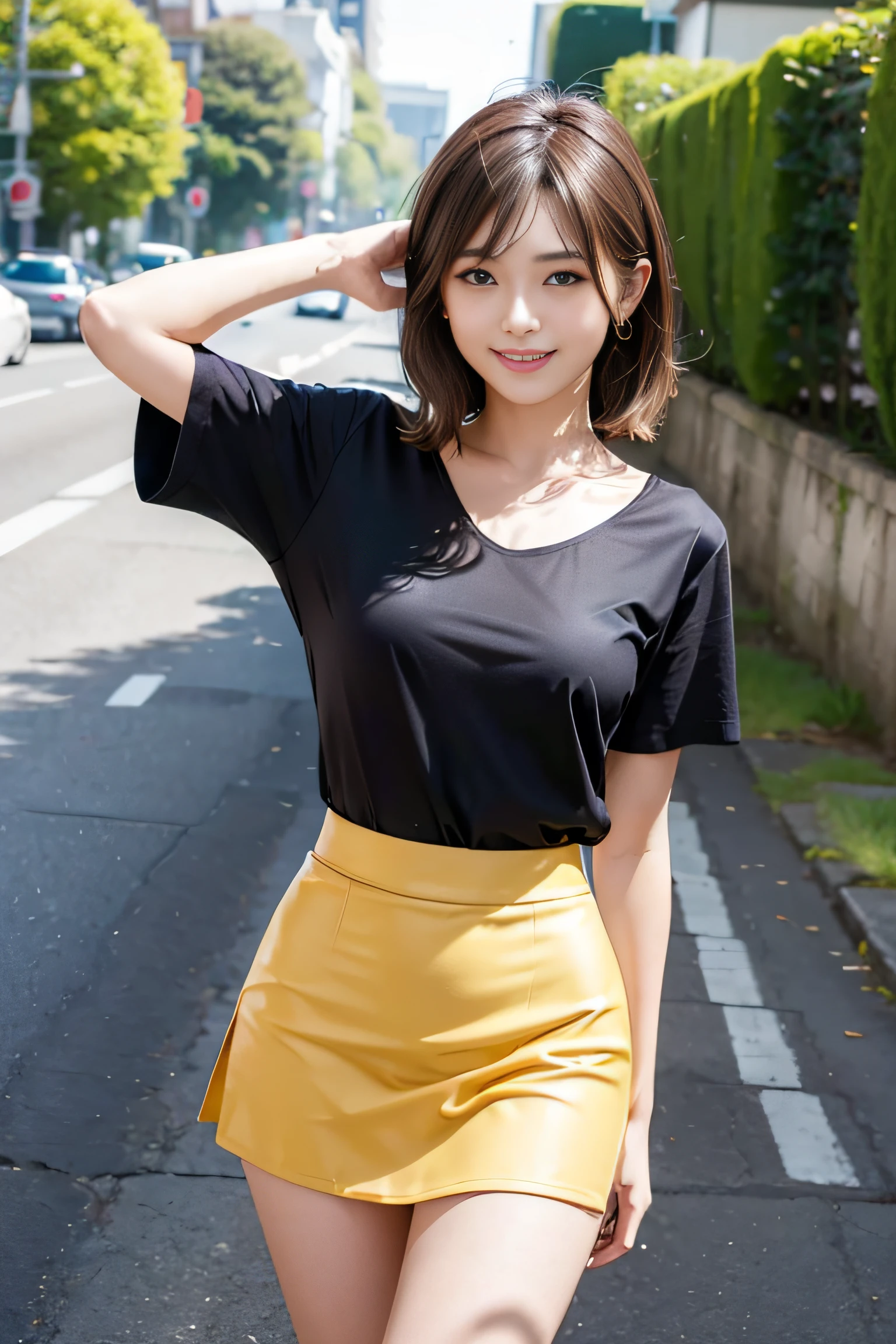 (Highest image quality, Highest image quality, Super A High Definition), (Raw photo, Realism 1.4), (flat chest), Fine skin, Fine face, Cute, AKB Girl, Girl in her 20s, Small breasts, Perfect Skin, thighs thighs thighs thighs, Medium Hair, Perfect, Brown hair, Brown eyes, Whole body, ((Thin short sleeve blouse)), ((Tight ultra mini skirt))、Bright sunlight, Smile