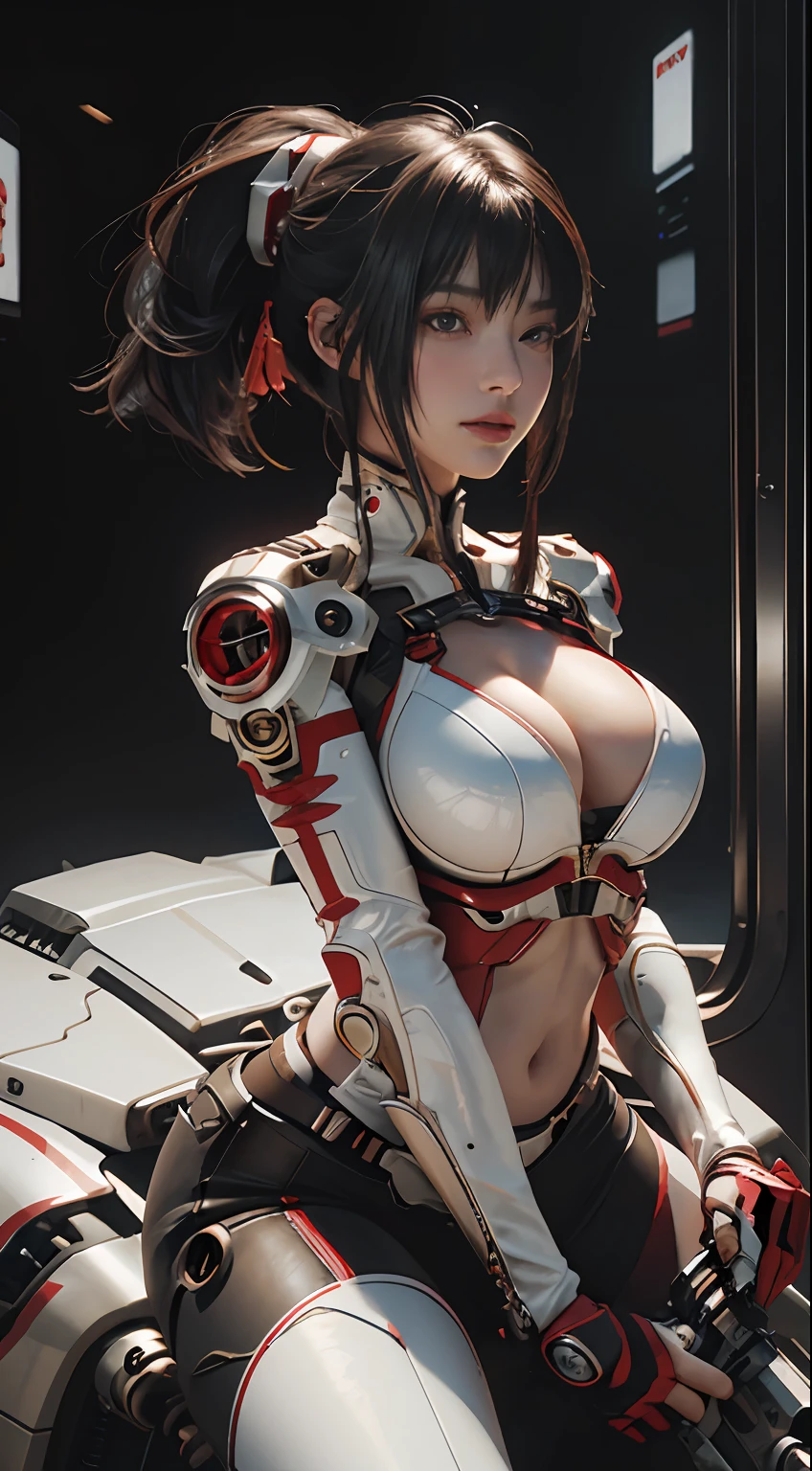 Highest quality, outstanding detail, super high resolution, (fidelity: 1.4), best illustration, favor details, close-up, a mecha girl with a delicate and beautiful face, ((red and white semi-mechanical body: 1.8)), (big breast: 1.2), sexy, belly button, cleavage, riding on a motorcycle, cyberpunk, futuristic, mechanical aesthetics, complex machinery, background is a high-tech lighting scene of the futuristic city, virtual engine 5, perfect detail rendering, octane rendering, ultra HD