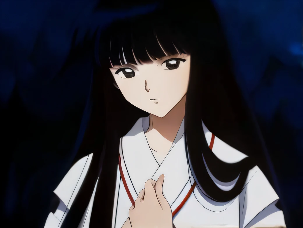 A woman with long black hair and a white shirt stands in front of a dark background, rumiko, inspired by Kusumi Morikage, close up iwakura lain, sui ishida with black hair, inspired by Rumiko Takahashi, close up of iwakura lain, close up of lain iwakura, iwakura lain