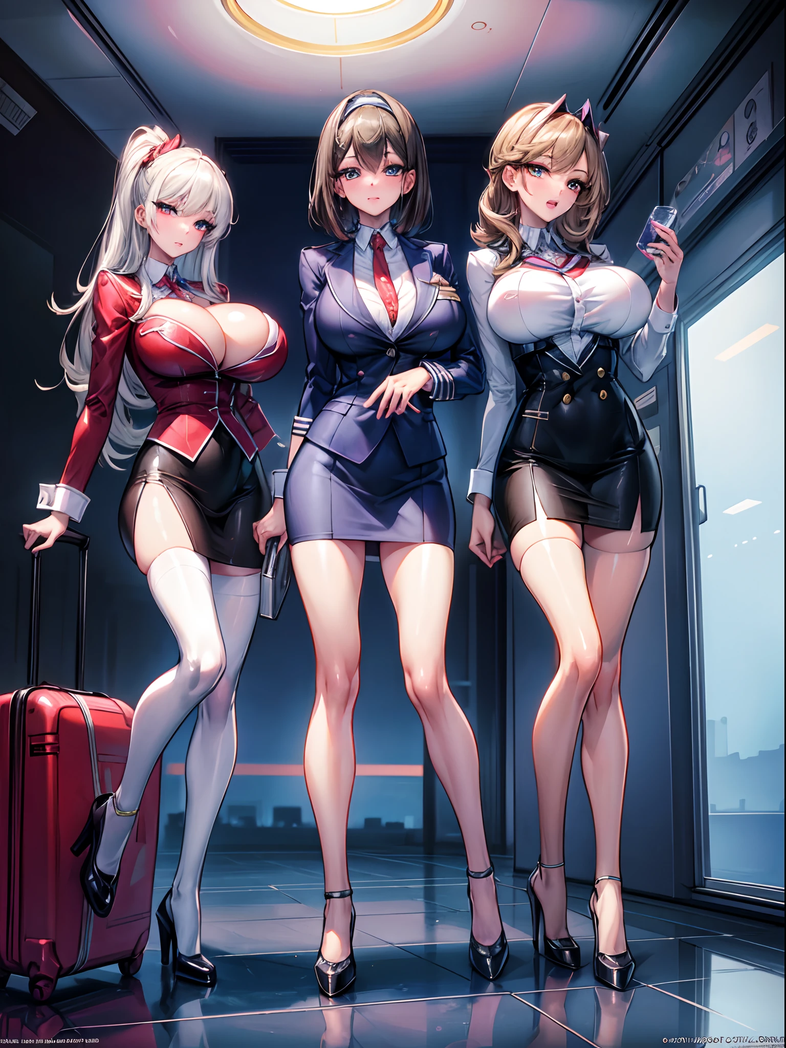 masterpiece, best quality, official art, extremely detailed, 3girls, flight attendant, high heels, airport