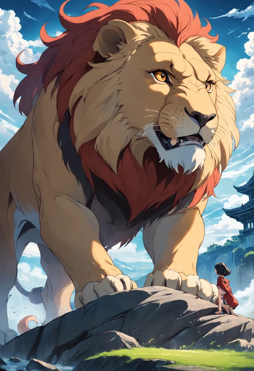 Handsome boy，Ride a stone lion，Hold up a sign