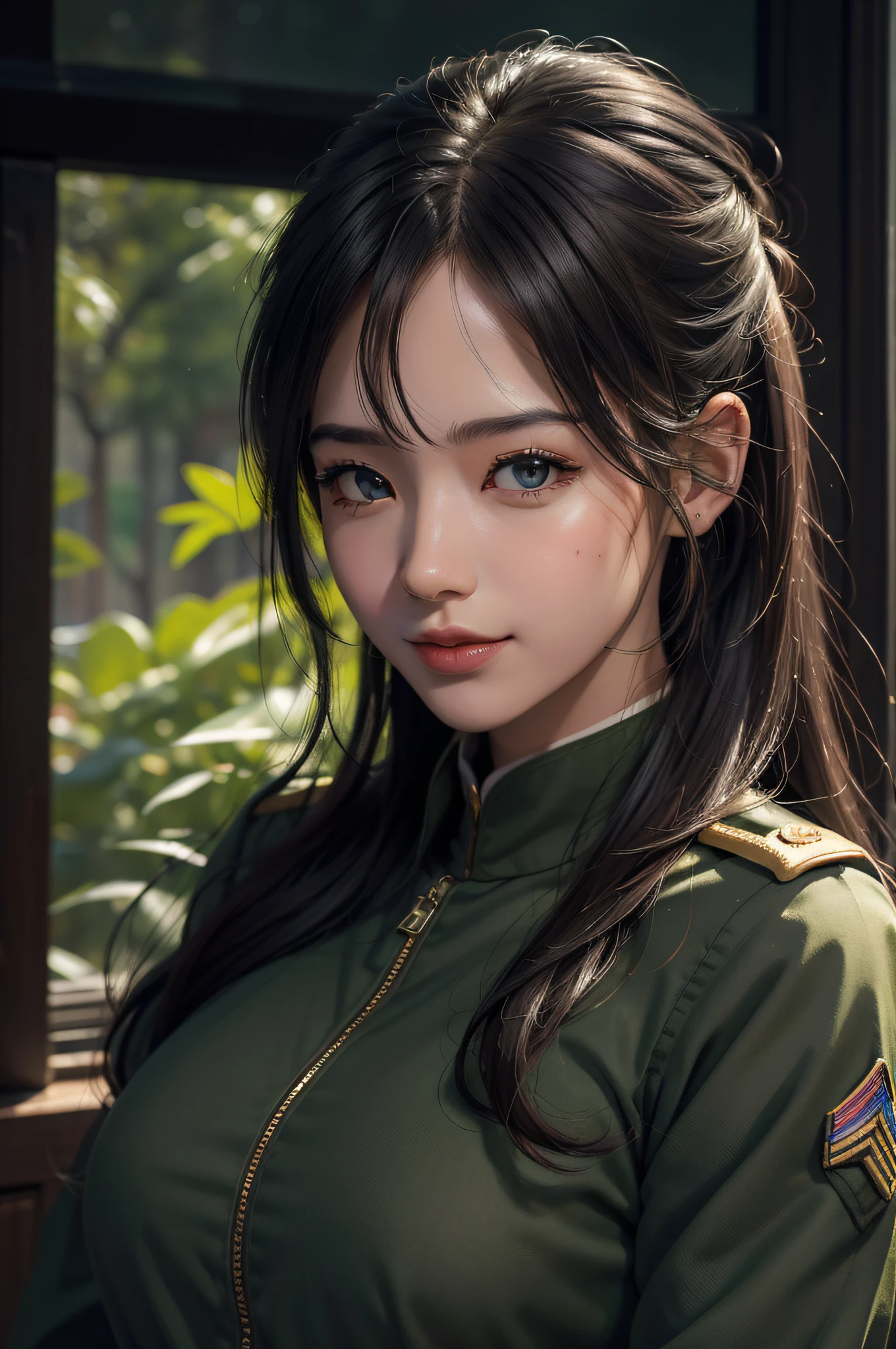 (Hyper-realistic) , (illustratio), (Increase the resolution),(8K), (Most Best Illustration),(extremely detaile), (美丽细致的眼睛),(The face is super detailed), (详细的脸), 独奏,1个Giant Breast Girl, looking at viewert, in the darkness nigth, deep shading, ssmile,cabelos preto e longos,(((U.S. Army green uniform:1.8)))