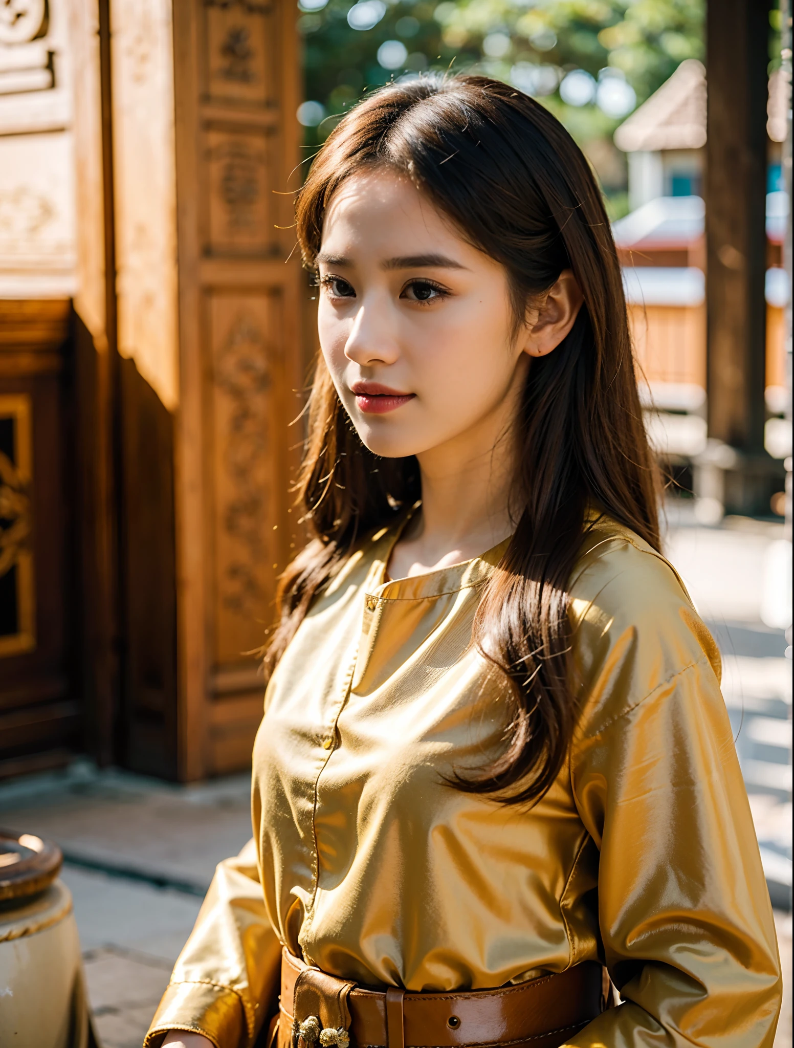 (8k,masterpiece,There's nothing wrong with it., Realistic :1.3), best quality, portrait , Realistic, face focus, 1 woman, brown long hair, Traditional Thai costume , ( comfortable:1.2), temple background, (breeze:1.2),(sun lighting:1.2)