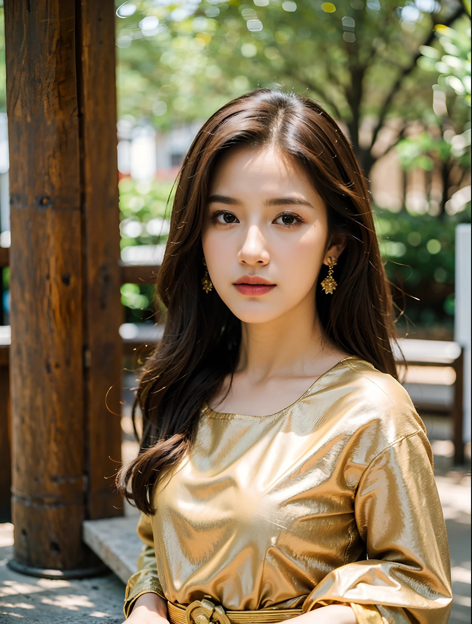 (8k,masterpiece,There's nothing wrong with it., Realistic :1.3), best quality, portrait , Realistic, face focus, 1 woman, brown long hair, Traditional Thai costume , ( comfortable:1.2), temple background, (breeze:1.2),(sun lighting:1.2)
