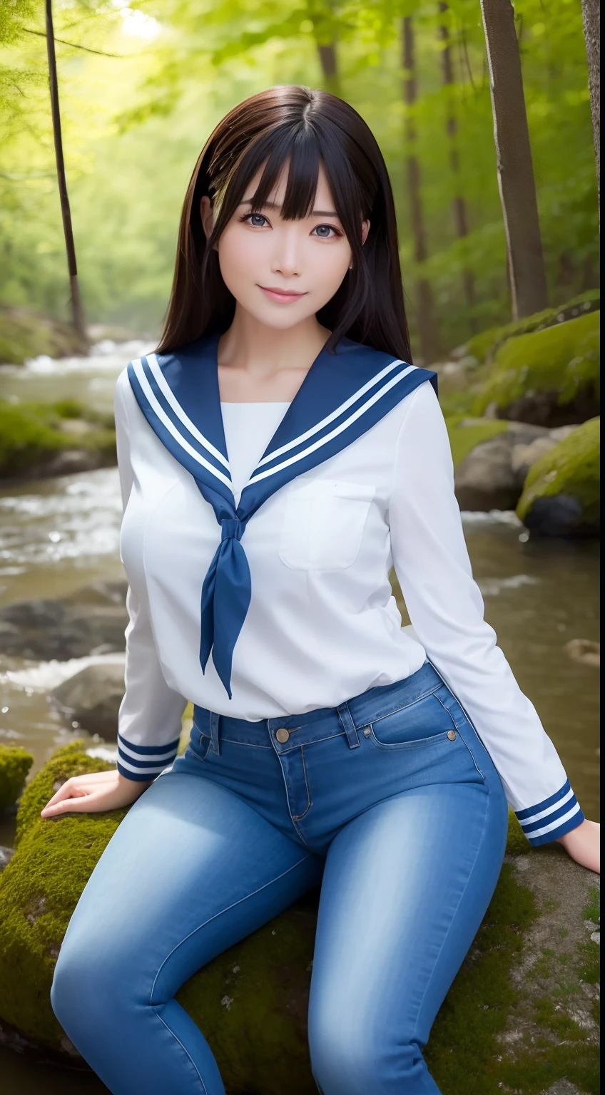 a pregirl，Thirty year old, ssmile, looking at viewert,Soaked sailor's uniform,skintight jeans, photore, realisticlying, Best quality at best, employee, 详细的脸, Sit on a large rock in the middle of the forest, There is a river