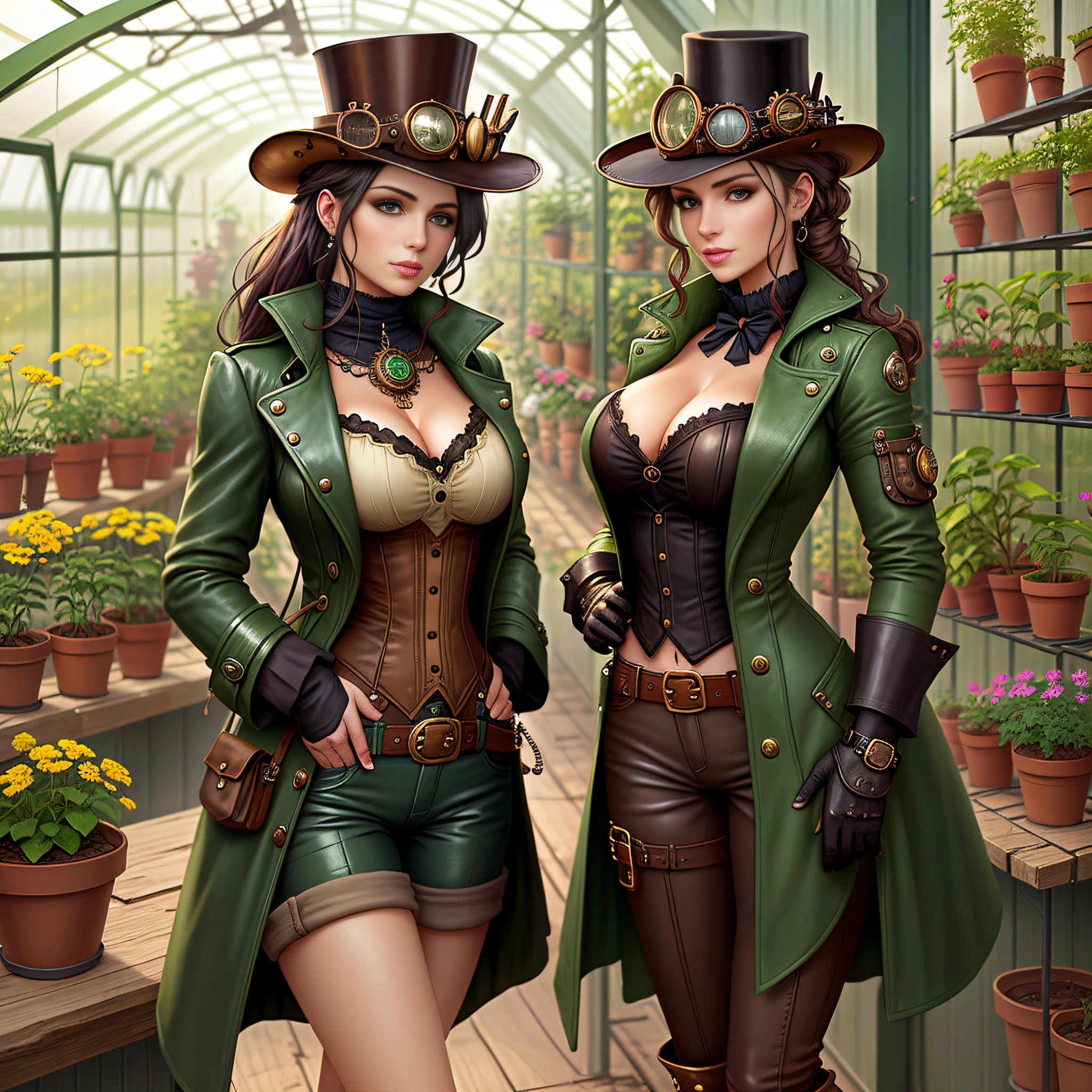 steampunk, (sexy:1.1) woman, green coat, short pants, greenhouse, plants in pots, spring