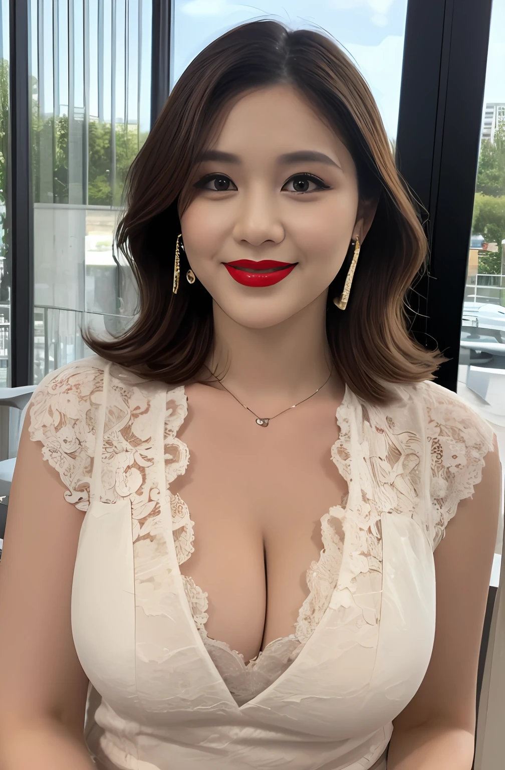 Highly detailed 8k wallpaper), sharp focus, detailed, dramatic, delicate and beautiful Woman, (perky uplifted breasts:1.1), cleavage, chic lace embossed business dress, Half Butterfly Earrings, Double Ring Necklace, (Evil Smile:1.05), (45 years old, : 1.4), (Heavy, Fat Body: 1.4), Makeup, (Lipstick: 1.1), (Eyeliner: 1.2), Mascara, Eyeshadow, Wavy Hair, Dynamic Angle, ( plus size model), (red lips)graphics beautiful, Modern office with a view, wide windows, show your whole body, standing by window,