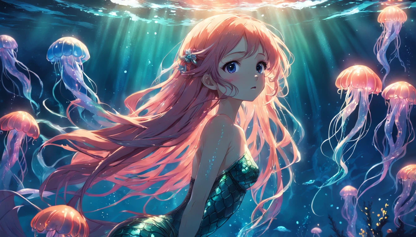 a mermaid under the water with glowing jellyfish around