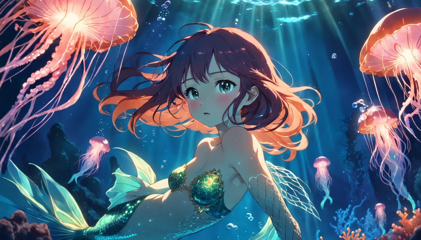 a mermaid under the water with glowing jellyfish around