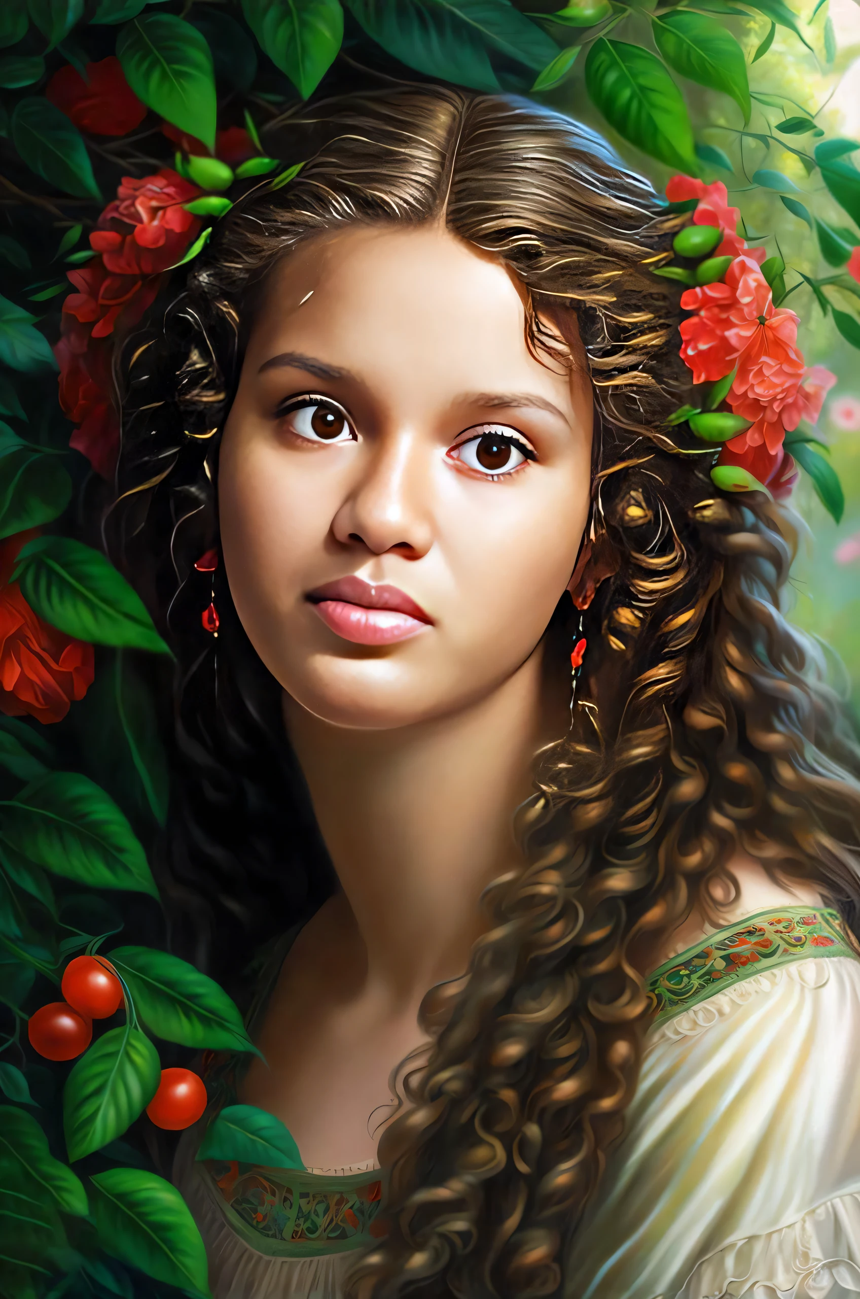 pintura de uma mulher com cabelo comprido e uma flor em seu cabelo, pintura realista da menina bonito, digital art oil painting, pintura digital bonita, airbrush digital oil painting, lindo pintura digital, retrato bonito da arte da fantasia, pintura digital renascentista, retrato bonito da fantasia, retrato bonito detalhado, oil painting beautiful portrait, pintura digital fotorrealista, retrato muito bonito, pintura digital impressionante